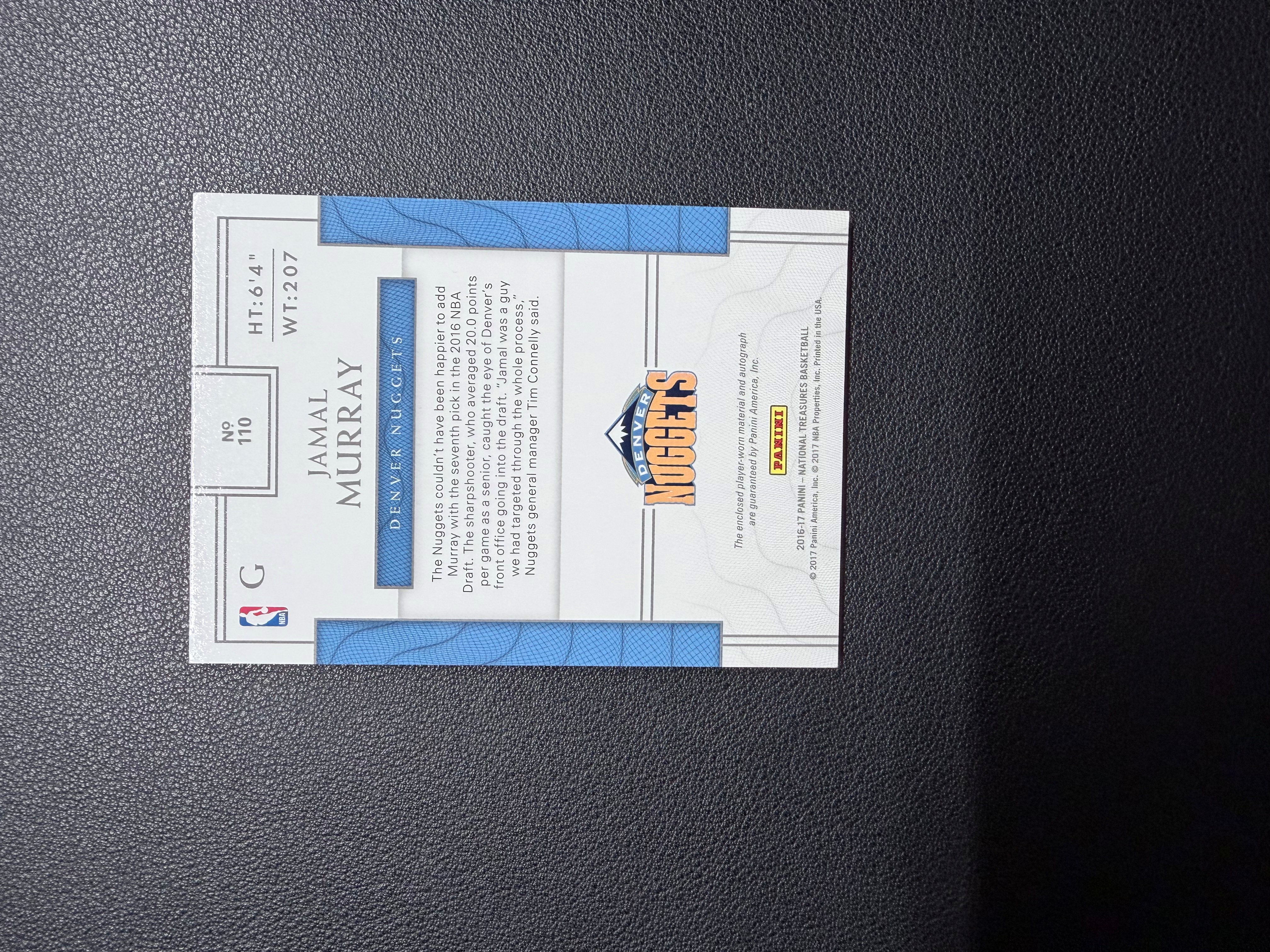 2016 Panini National Treasures Jamal Murray RC 贾马尔穆雷 口曼巴 国宝正RPA 金版10编 新秀卡签 签字 亲穿球衣暴力切割 掘金约基齐好搭档 状态炸裂