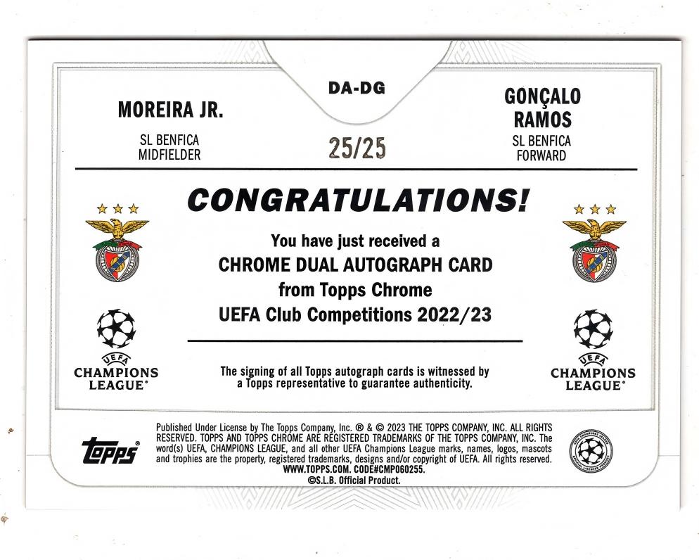 2023 Topps Chrome Moreira Jr. 【来拆波卡】欧冠 本菲卡 摩里拉 Goncalo Ramos 双人 橙折 签字 25/25编 尾编 疾风