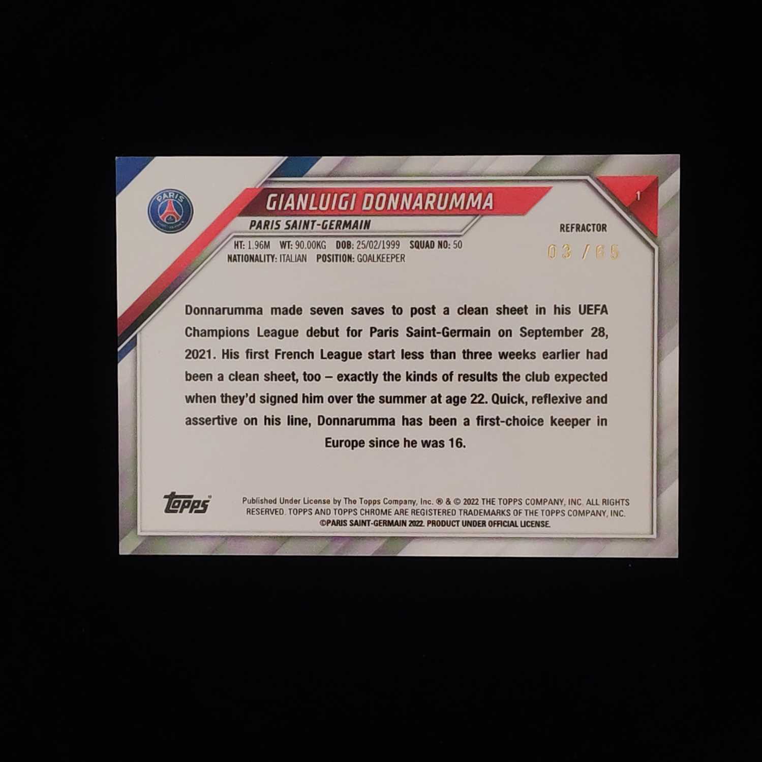 2022 Topps chrome Gianluigi Donnarumma 巴黎高端队盒 TC 巴黎 多纳鲁马 65编 顶级门将 卡品如图 收藏必备