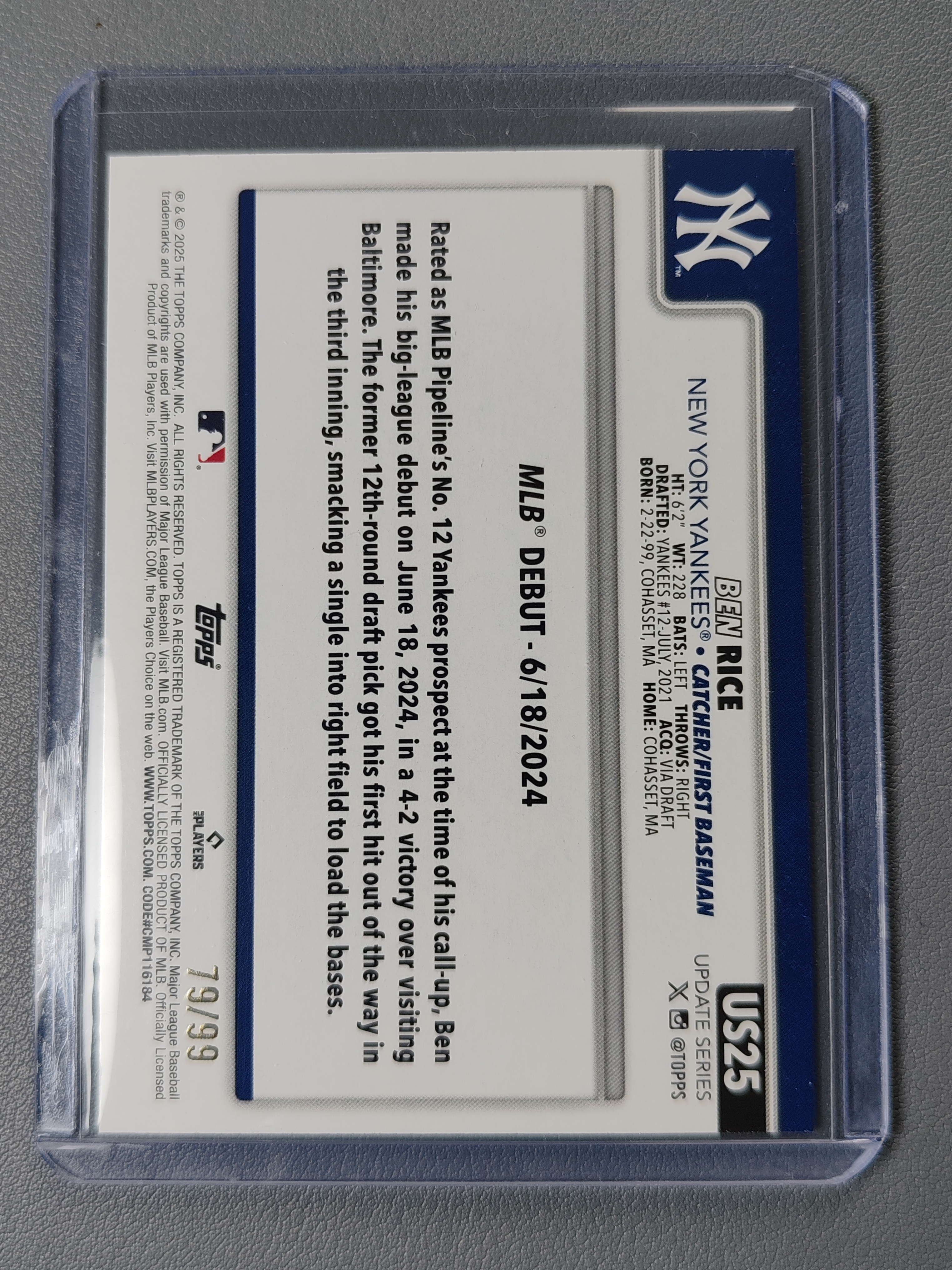 2025 Topps Update Ben Rice RC 新秀99编!绿折!【Pocky】