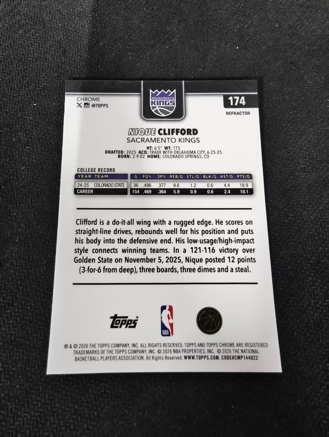 2026 Topps Chrome Update TCU 国王 Nique Clifford 尼克 克利福德 新秀RC 银折 瑕疵如图