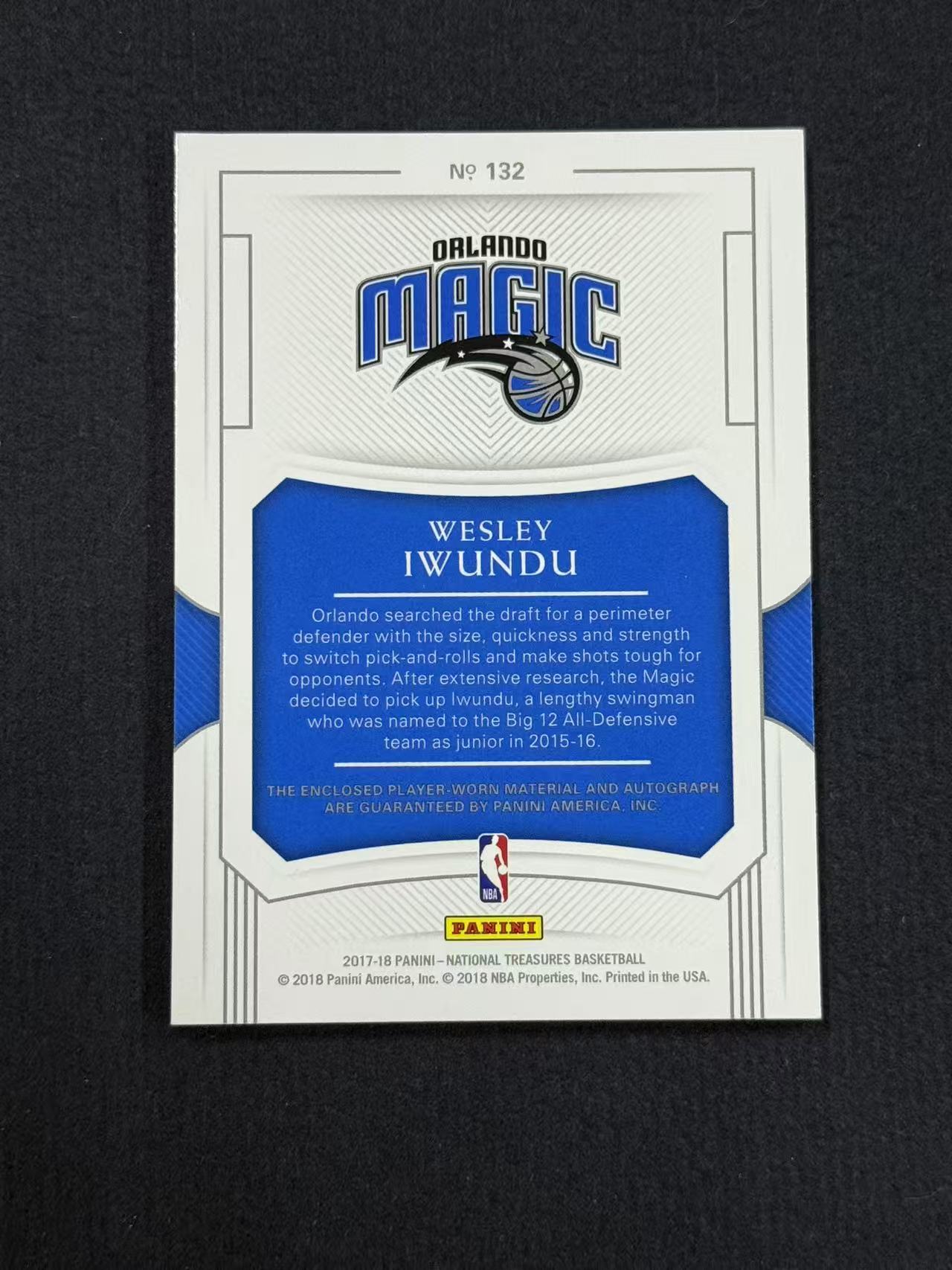 2017-18 Panini National Treasures Wesley Iwundu 【未定义潮】韦斯利 艾旺杜 魔术 国宝 新秀 RC 正RPA 大窗 切割 卡签 99编 卡品如图 杜01