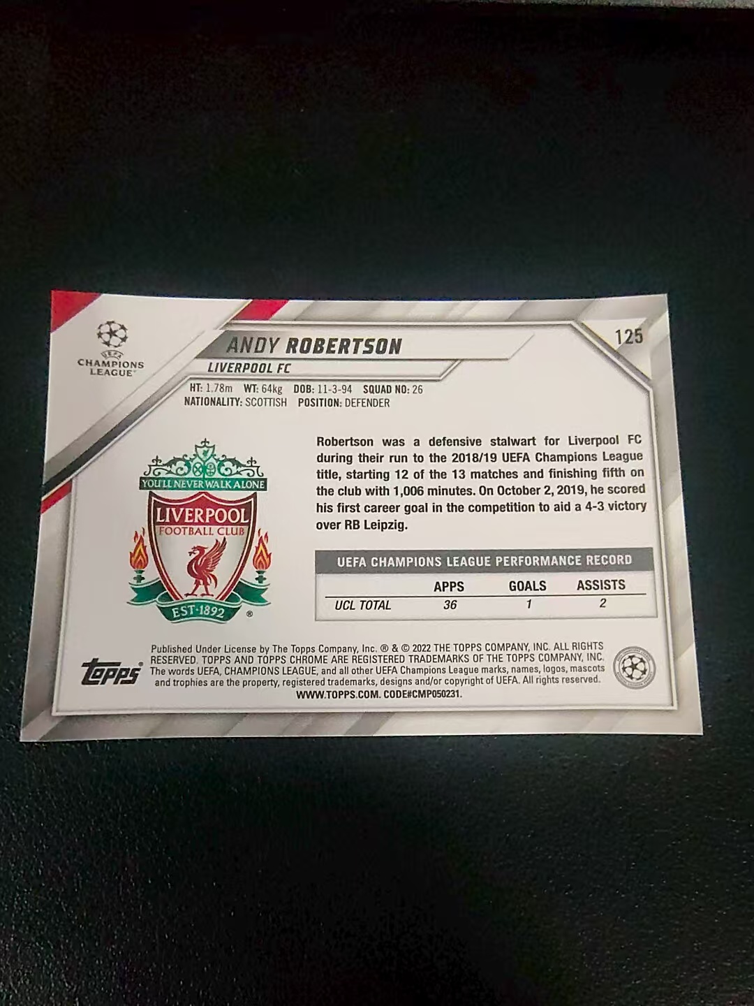 【可合并,不累计】2022 Topps Chrome Andrew Robertson 欧冠 利物浦 罗伯逊 欧冠 划痕 边角瑕疵 #125