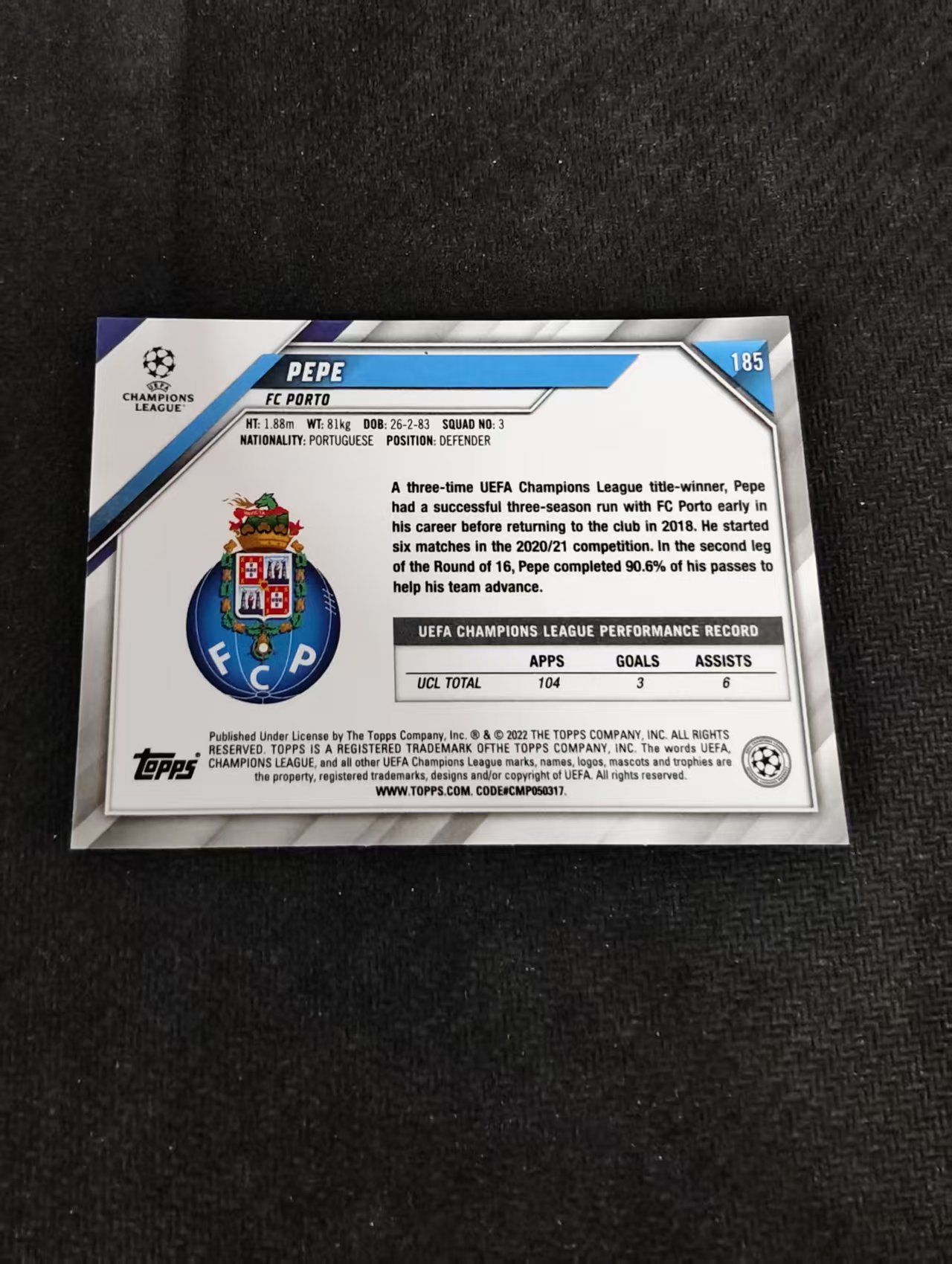 【可合并,不累计】2022 Topps Chrome Pepe 武僧 佩佩 波尔图 葡萄牙 欧冠蓝宝石 蓝碎冰 划痕 边角瑕疵 #185