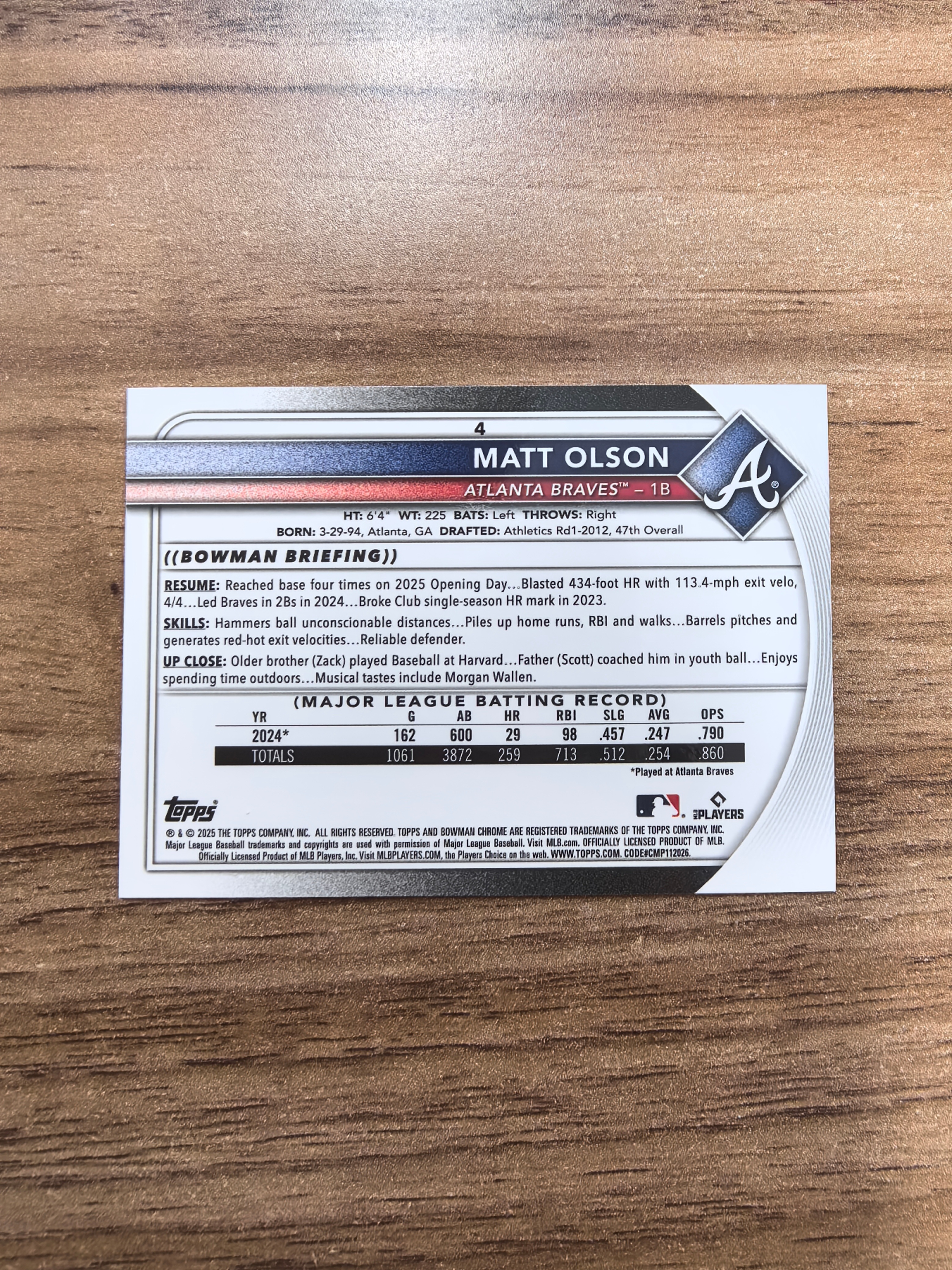2025 Topps Chrome Matt Olson 棒球 亚特兰大勇士队 麦特欧森 061/100编 银波纹折 折射 实卡精美 卡品如图 流浪