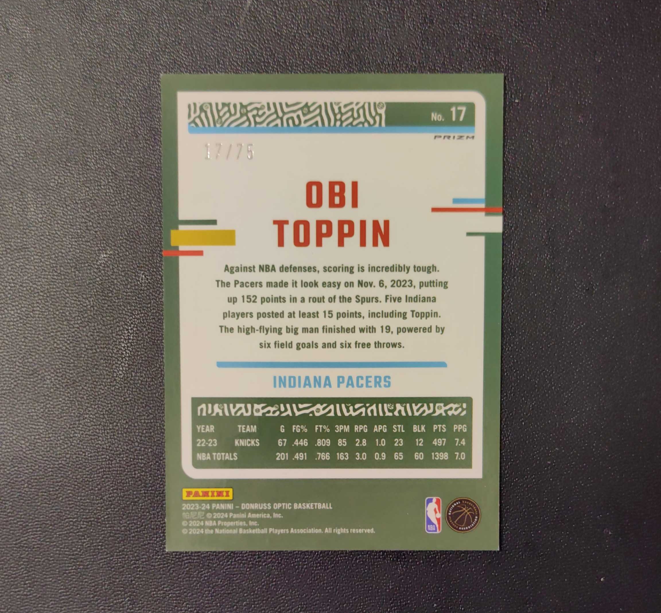 2023-24 panini donruss optic obi toppin 杜蕾斯 步行者 奥比 托平 75编 红碎闪折 东契奇 sga 库里 文班亚马 詹姆斯