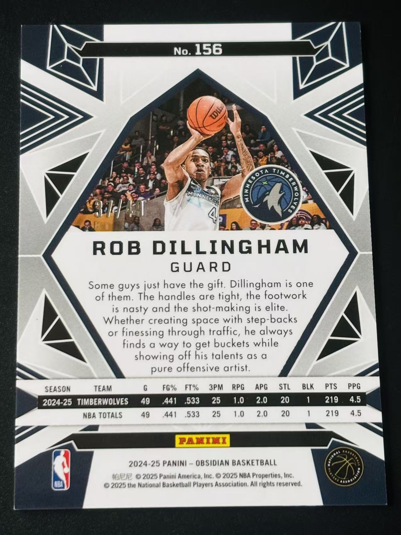 2024-25 Panini Obsidian Robert Dillingham RC 黑曜石 森林狼 新秀 罗伯特 迪林厄姆 49编 碎冰折 不累计