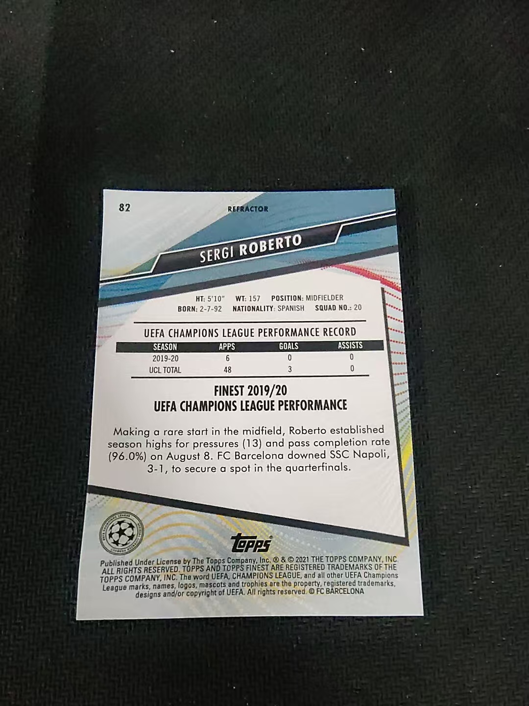 【可合并,不累计】2021 Topps Finest SERGI ROBERTO 巴萨 巴塞罗那 塞尔吉 罗伯托 西班牙 欧冠 银折 #82 划痕 边角瑕疵