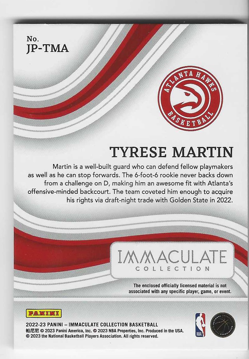 2022-23 Panini Immaculate Tyrese Martin RC 新秀 大窗Patch Jersey Number 01/40编 老鹰 泰里斯·马丁