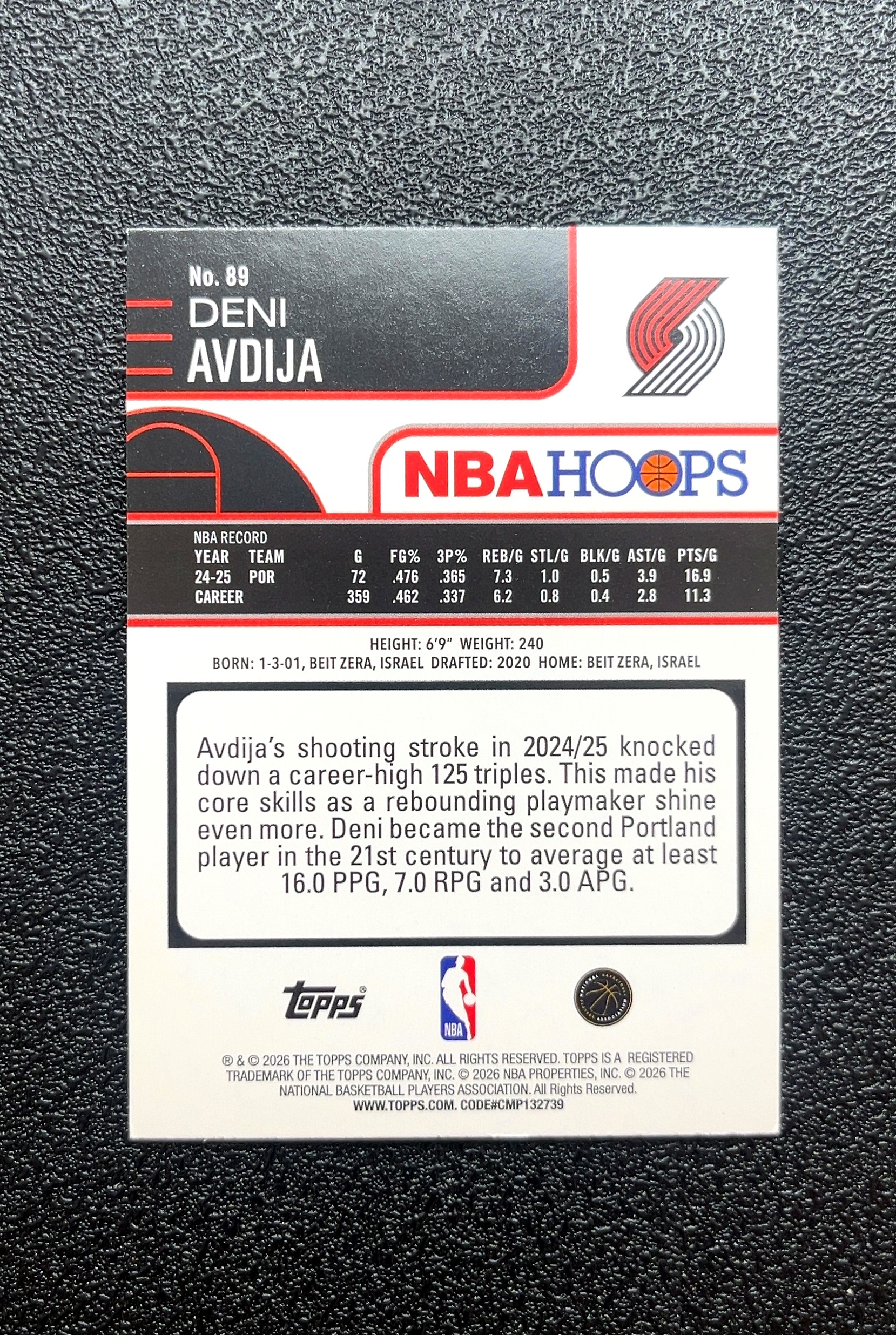 【小白1%代卖】2026 Topps NBA HOOPS Deni Avdija 丹尼·阿夫迪亚 绿折 折射 新秀 RC 卡品如图 高价值 #89 Portland Trail 0019#135