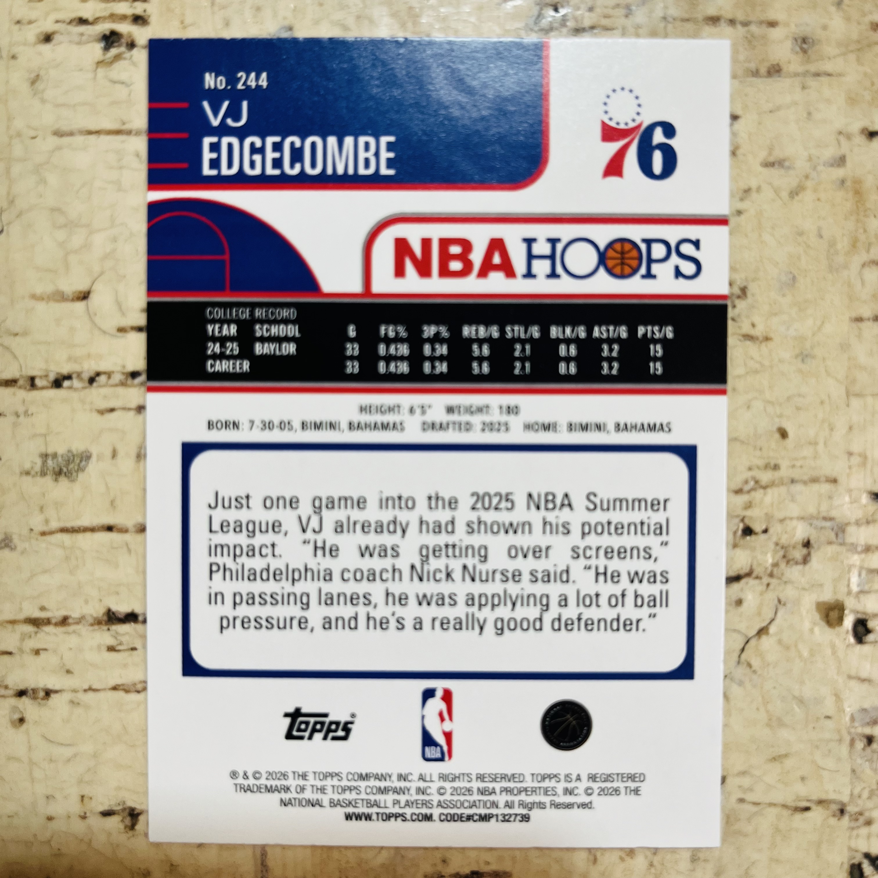 2025-26 Topps NBA Hoops VJ Edgecombe RC 新秀 76人 vj 埃奇库姆 光束折 射线折 第1张 稀有折射 凑彩虹必备【小卡迷拍卖 可累积半年】