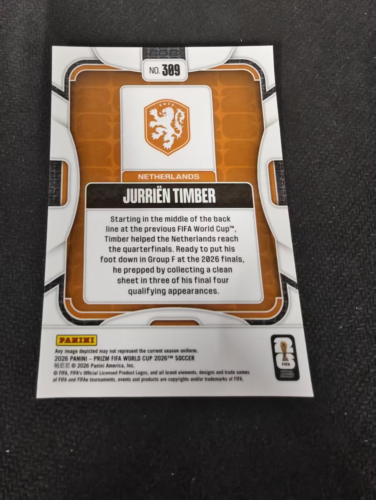 2026 Panini World Cup Prizm 荷兰 Jurrien Timber 廷贝尔 PZ世界杯 划痕 边角瑕疵#309