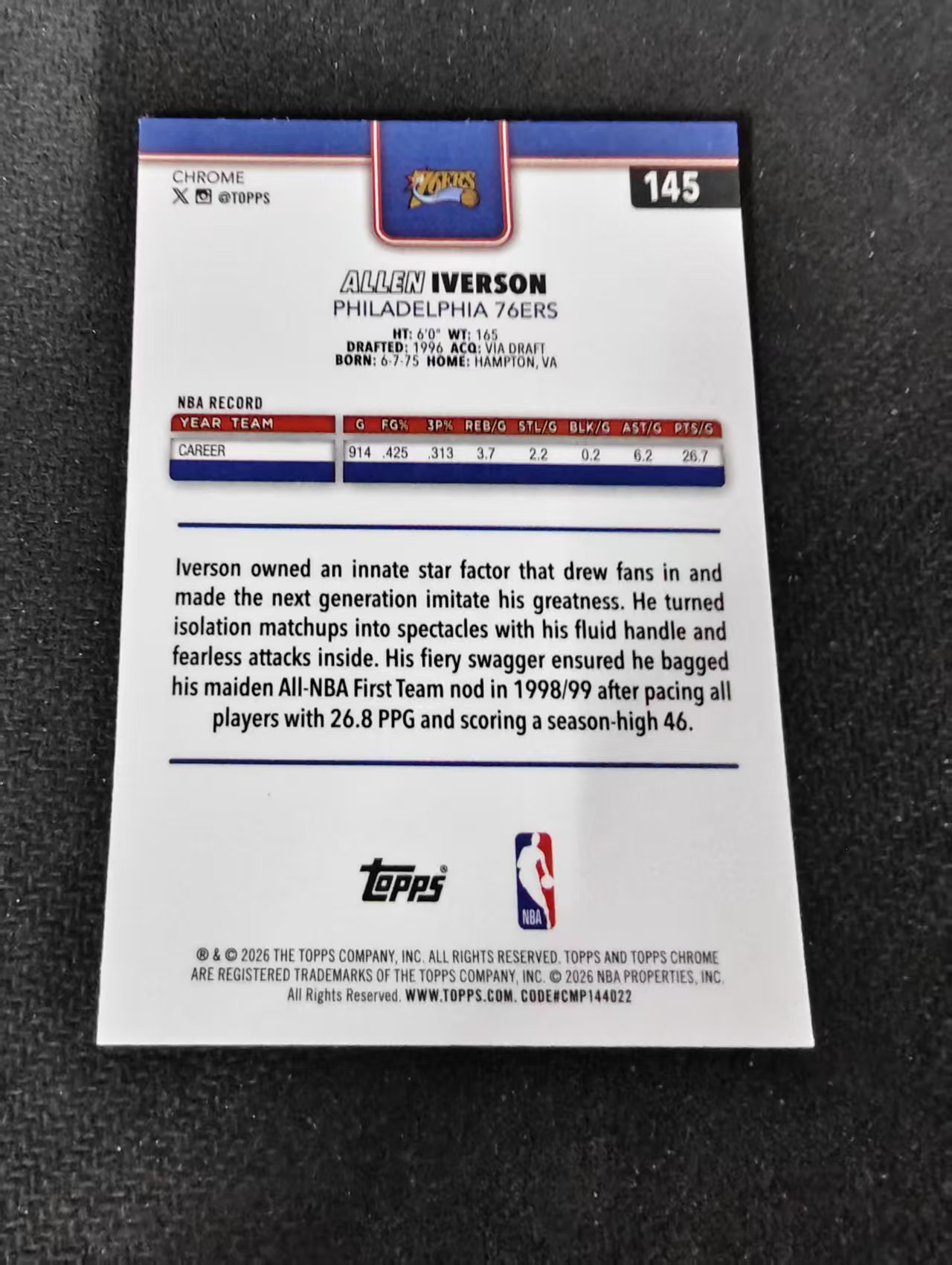 2026 Topps Chrome Update Allen Iverson TCU 艾伦 艾弗森 费城76人 TCU 划痕 边角瑕疵 #145
