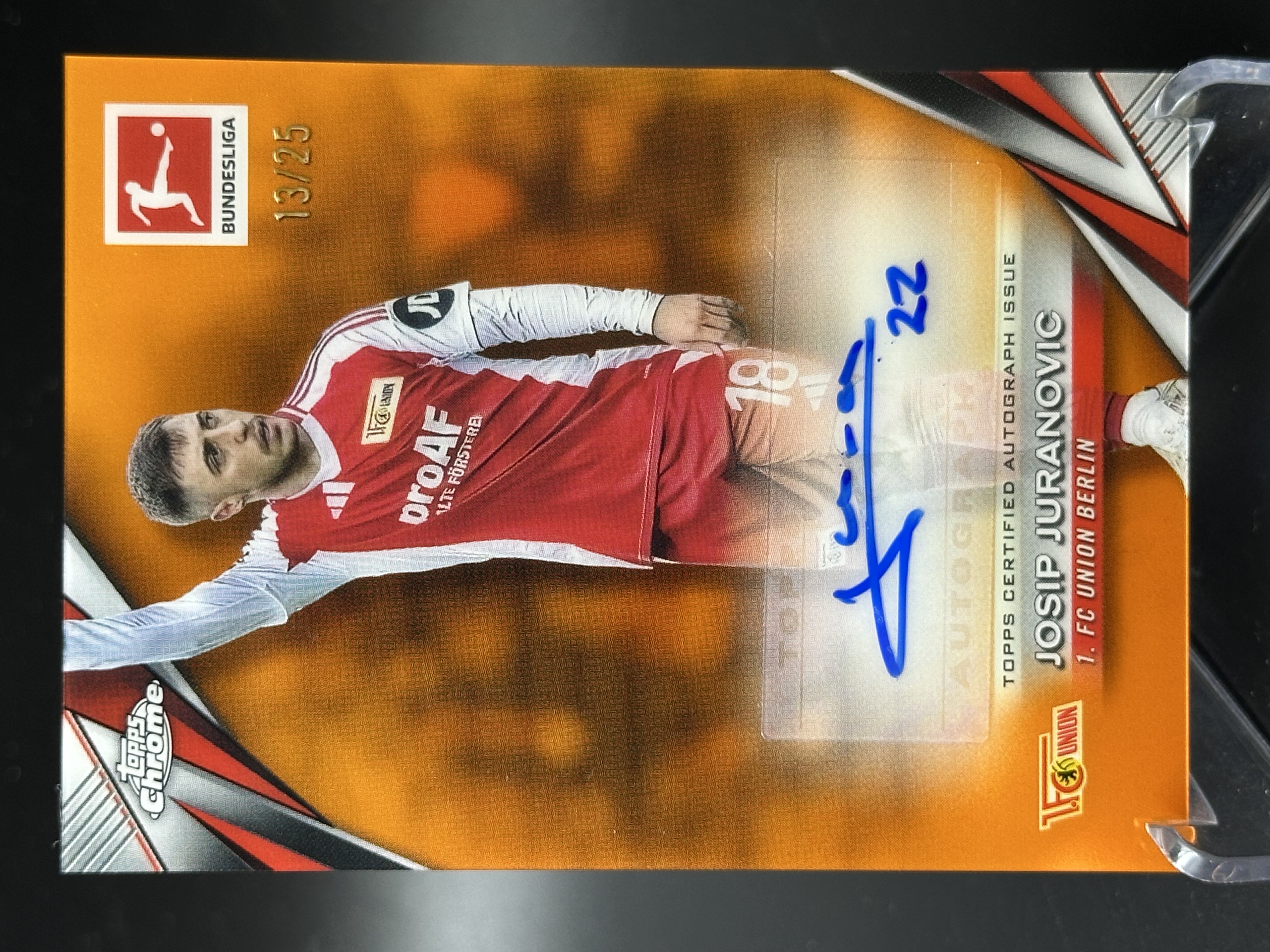 2024-25 Topps Chrome Josip Juranovic 【小黄拍卖】德甲 尤拉诺维奇 柏林联合 签字 橙折 13/25编「cook」