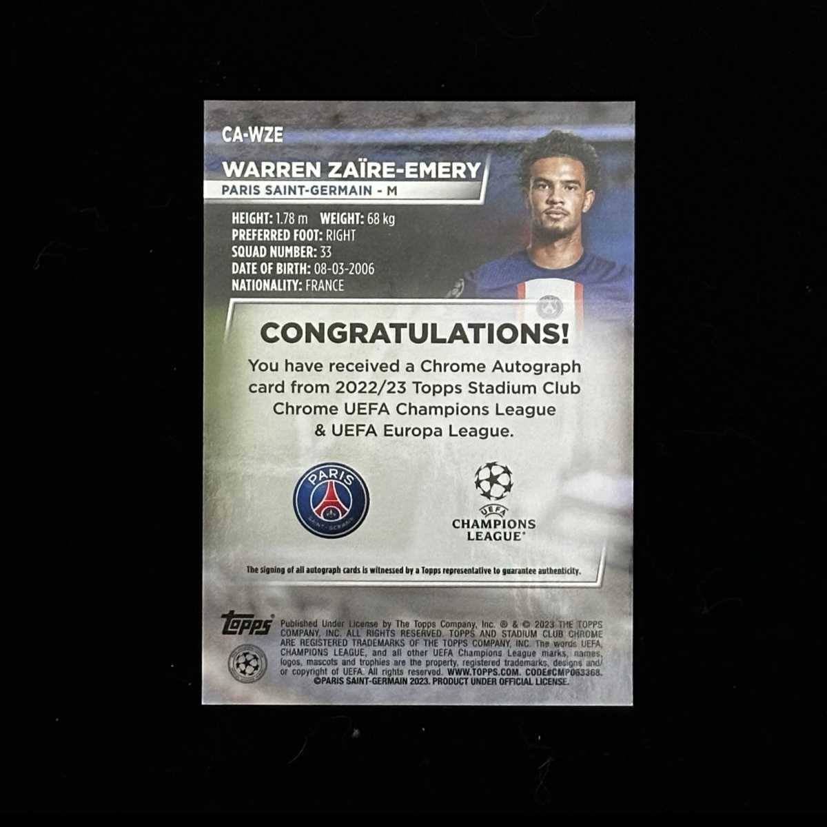 2022-23 Topps Stadium Club Chrome Warren Zaïre-Emery RC 欧战 竞技场 新秀RC 埃梅里 签字 卡品如图 收藏必备 【才来-V】