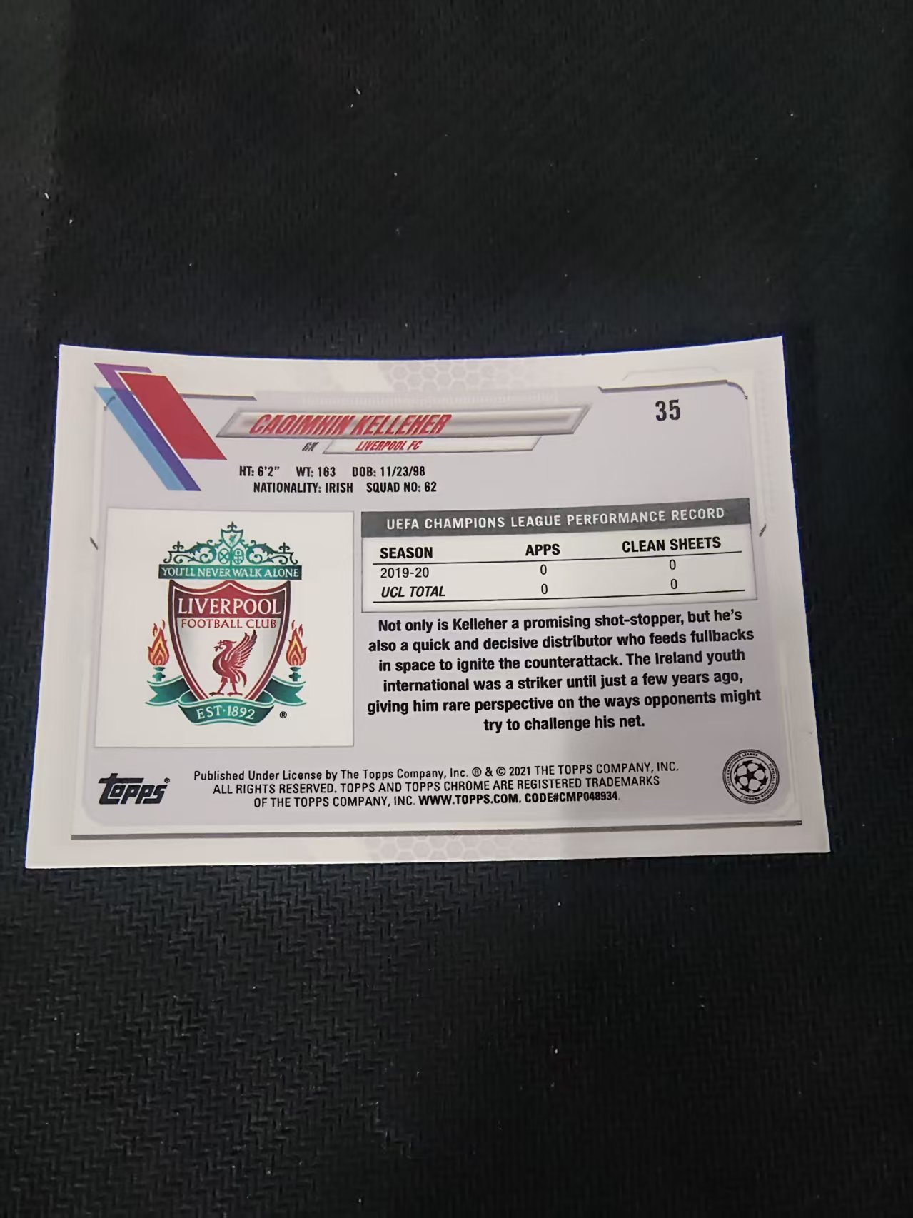 【可合并,不累计】2021 Topps Chrome Caoimhin Kelleher RC 凯莱赫 利物浦大热新秀 门将 欧冠 划痕 边角瑕疵 @35