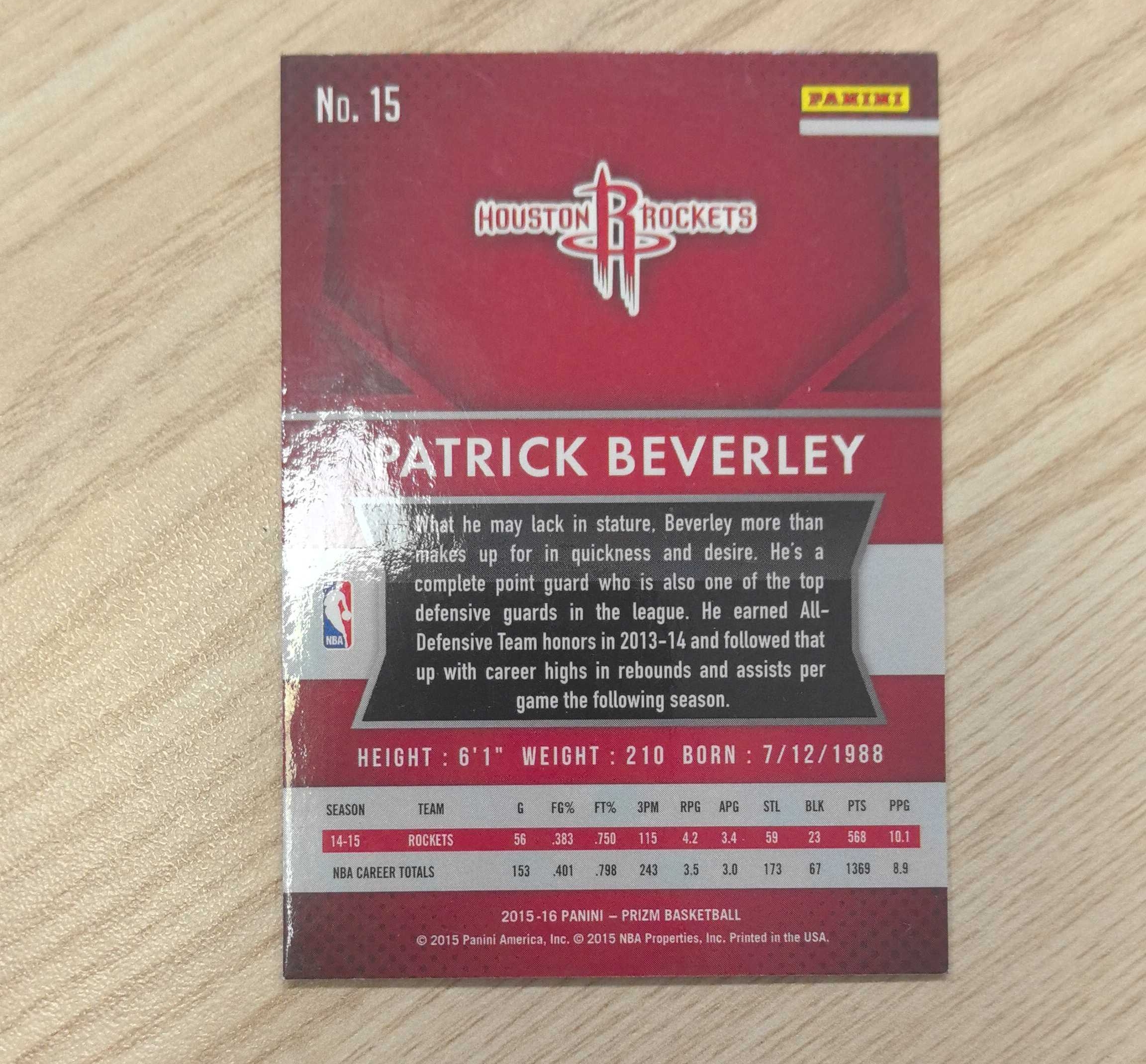 2015-16 Panini Prizm Patrick Beverley 贝弗利 疯狗 3届最佳防阵 09年湖人次轮秀 先后效力于火箭、快船、森林狼、湖人、公牛、76人和雄鹿 硬通货 极具收藏价值