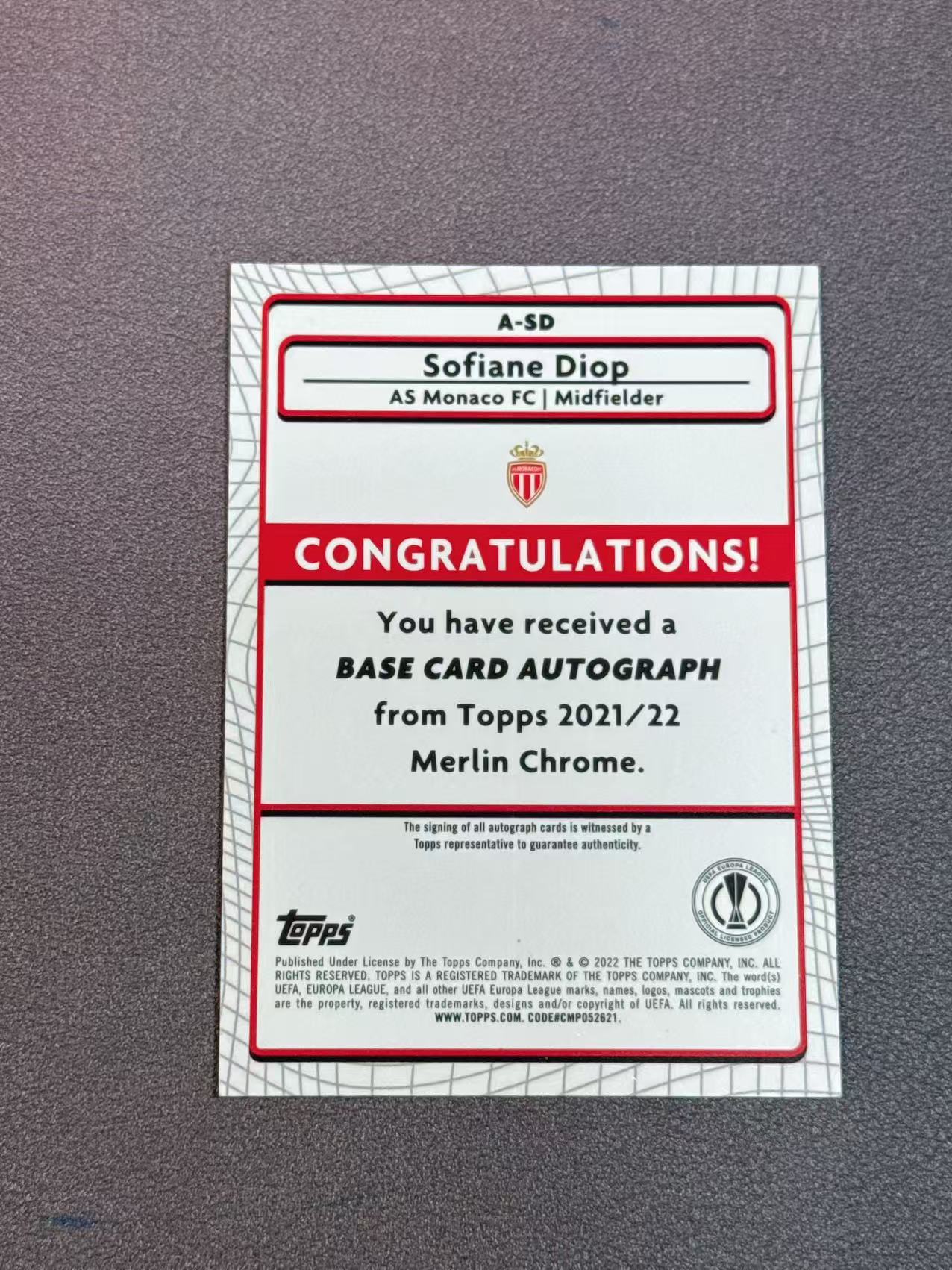 2022 Topps Merlin Sofiane Diop 银折 chrome 摩纳哥 迪奥普 欧冠 签字 梅林