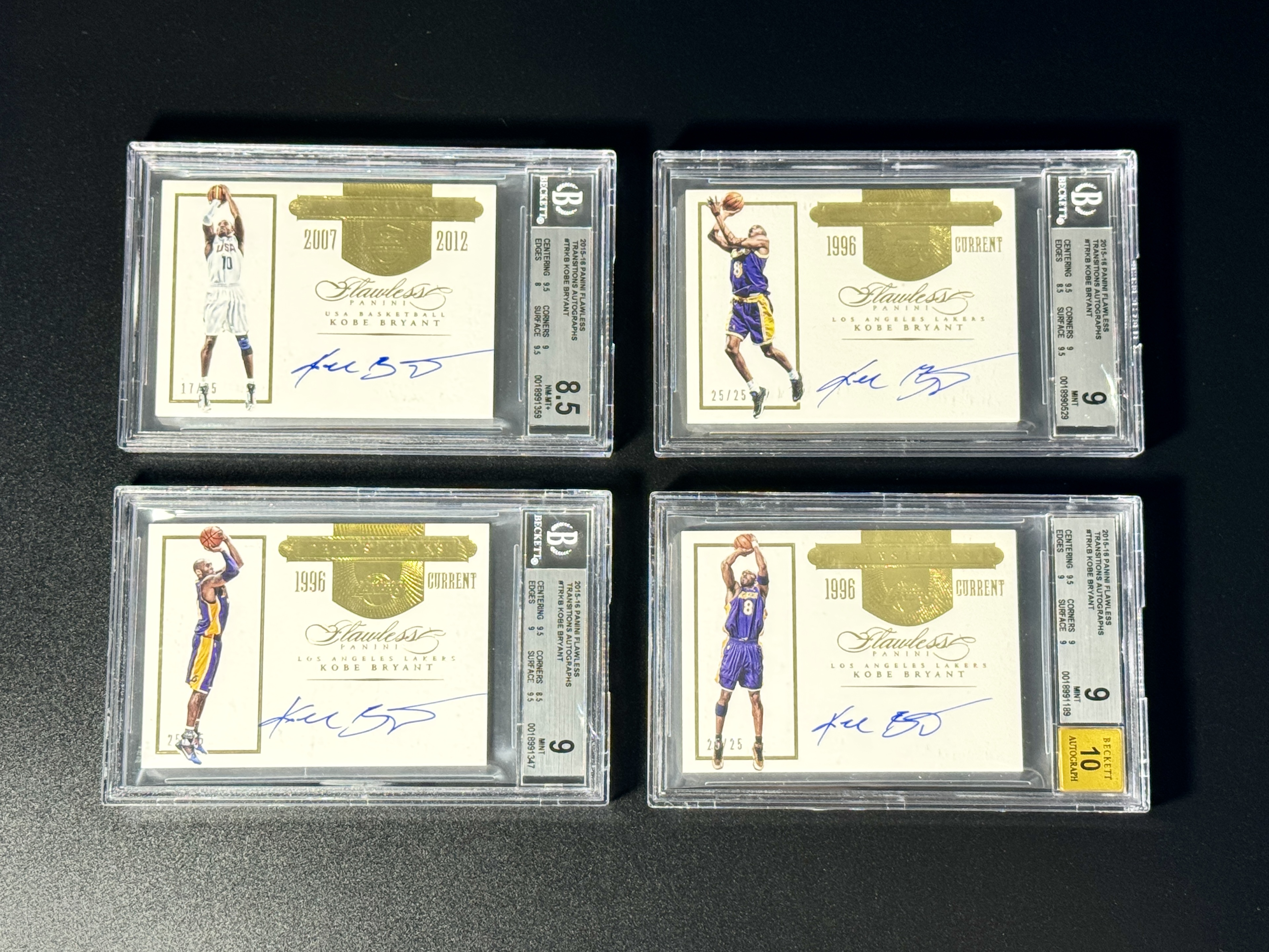 【喷子拍卖】2015-16 Flawless Kobe Bryant 手提 洛杉矶湖人 科比 布莱恩特 生涯 签字 纪念96年到退役一人一城 USA生涯 25编 金版 卡签 尾编 一套一起拍 系列大hit卡 超有意义 全BGS评级 小弋
