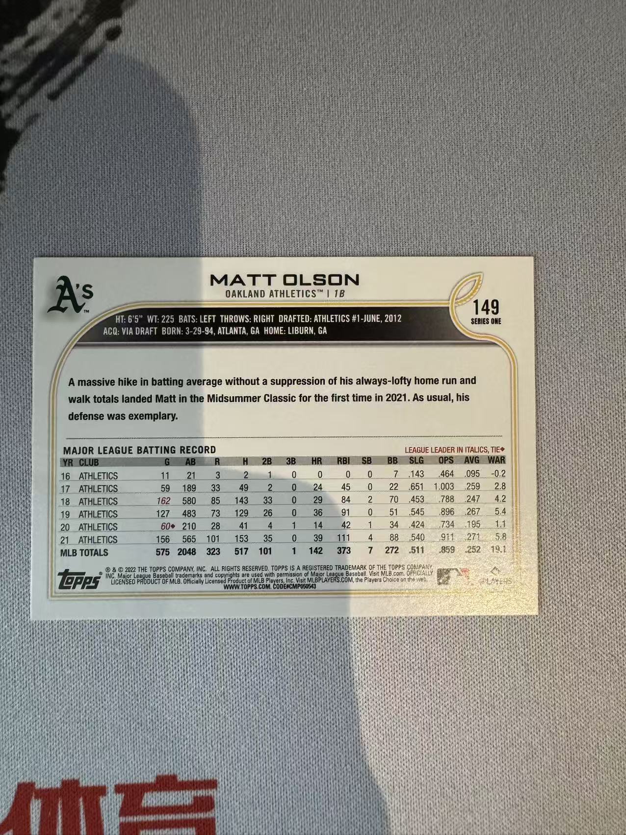 2022 Topps Series 1 Matt Olson MLB 系列1 运动家 马特 奥尔森 蓝平行 纸卡 卡品如图 凑套收藏