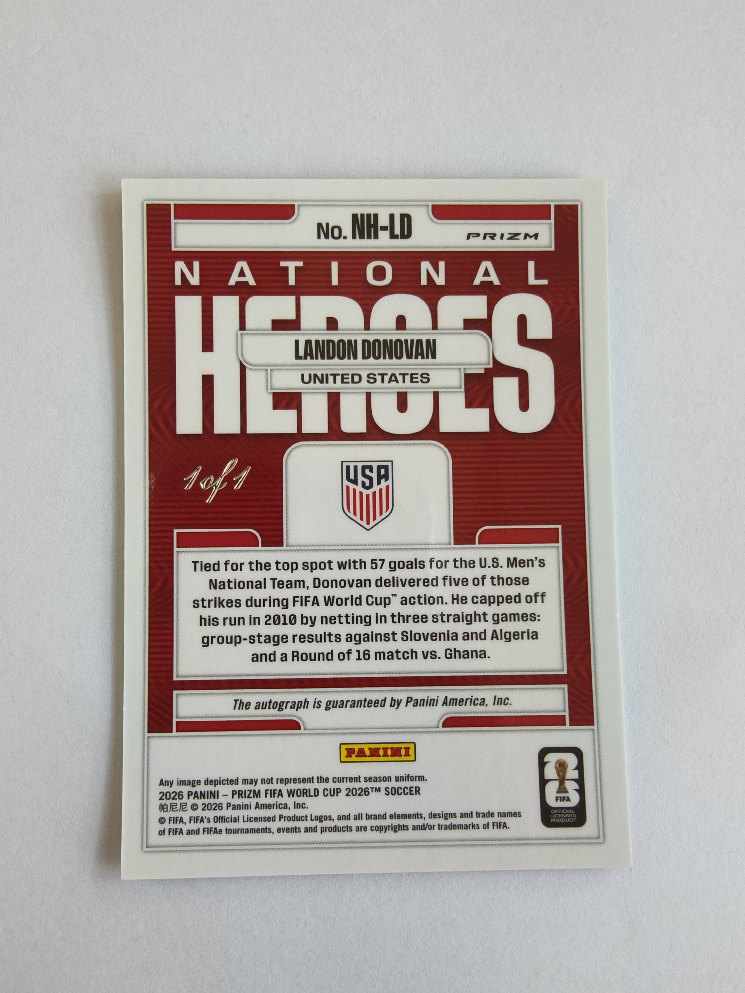 2026 Panini Prizm World Cup Landon Donovan 世界杯 多诺万埃弗顿 National Heroes 美国家英雄签字 1/1 1of1 1编 卡品如图 XY689