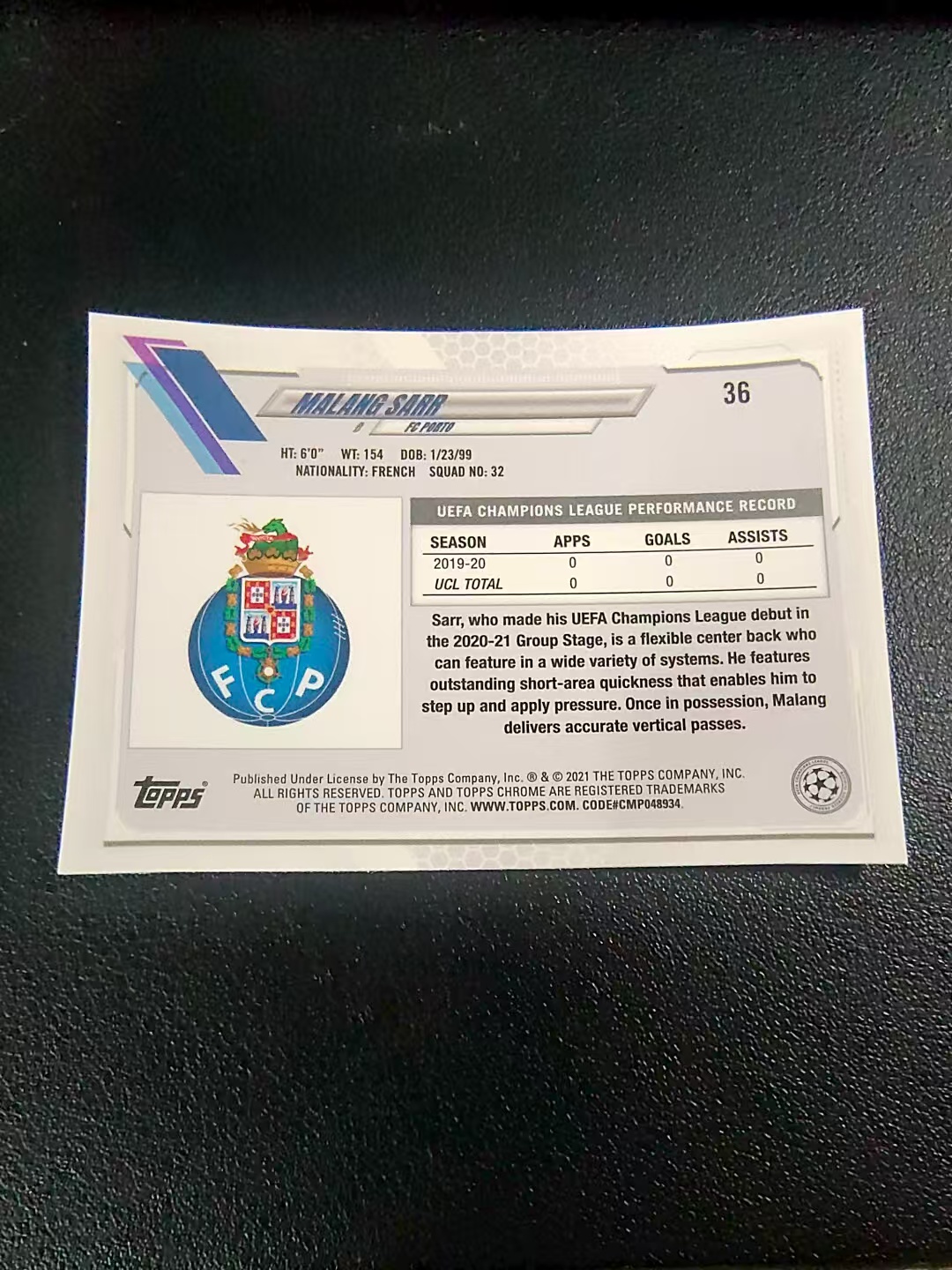 【可合并,不累计】2021 Topps Chrome malang sarr RC 马朗 萨尔 新秀 波尔图 划痕 边角瑕疵 @36