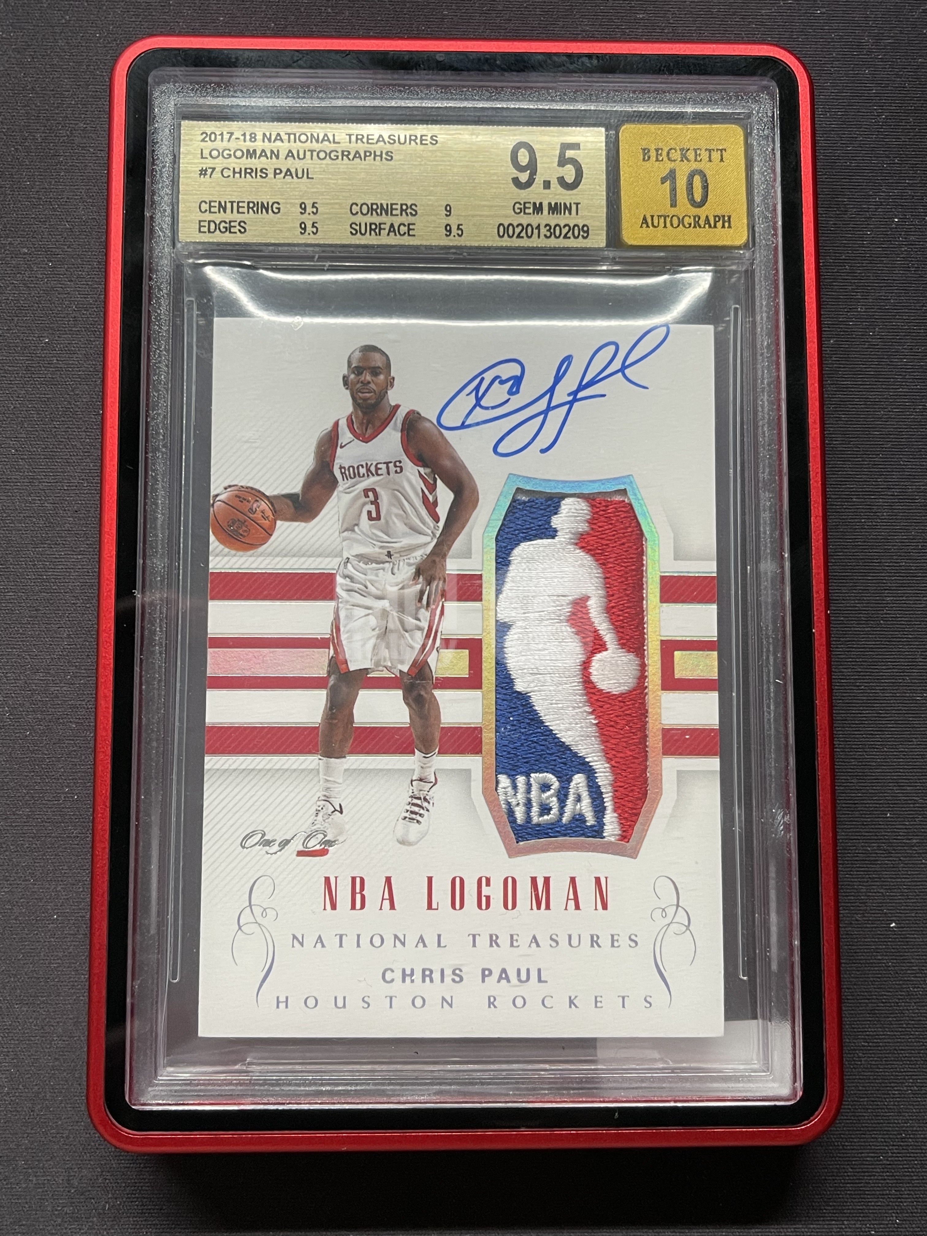 2017-18 Panini National Treasures Chris Paul 国宝 火箭 克里斯保罗 刺绣版Logoman签字 卡签 白金闪 1/1编 金标BGS9.5/10「老夫子」泰奶