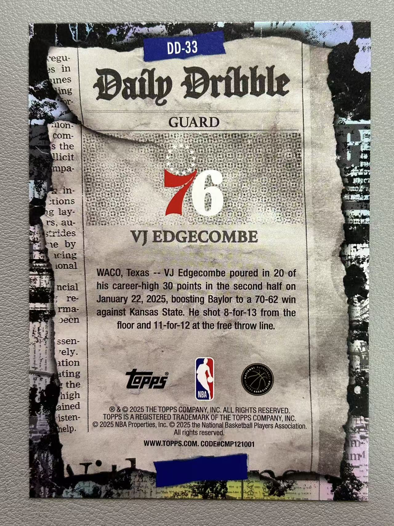 【阿泽代卖】2025 Topps Flagship VJ Edgecombe 76人 新秀 RC Vj 埃奇库姆 折射 银折 Daily Dribble 报纸 日报 选图巨帅 卡品如图 介意勿拍