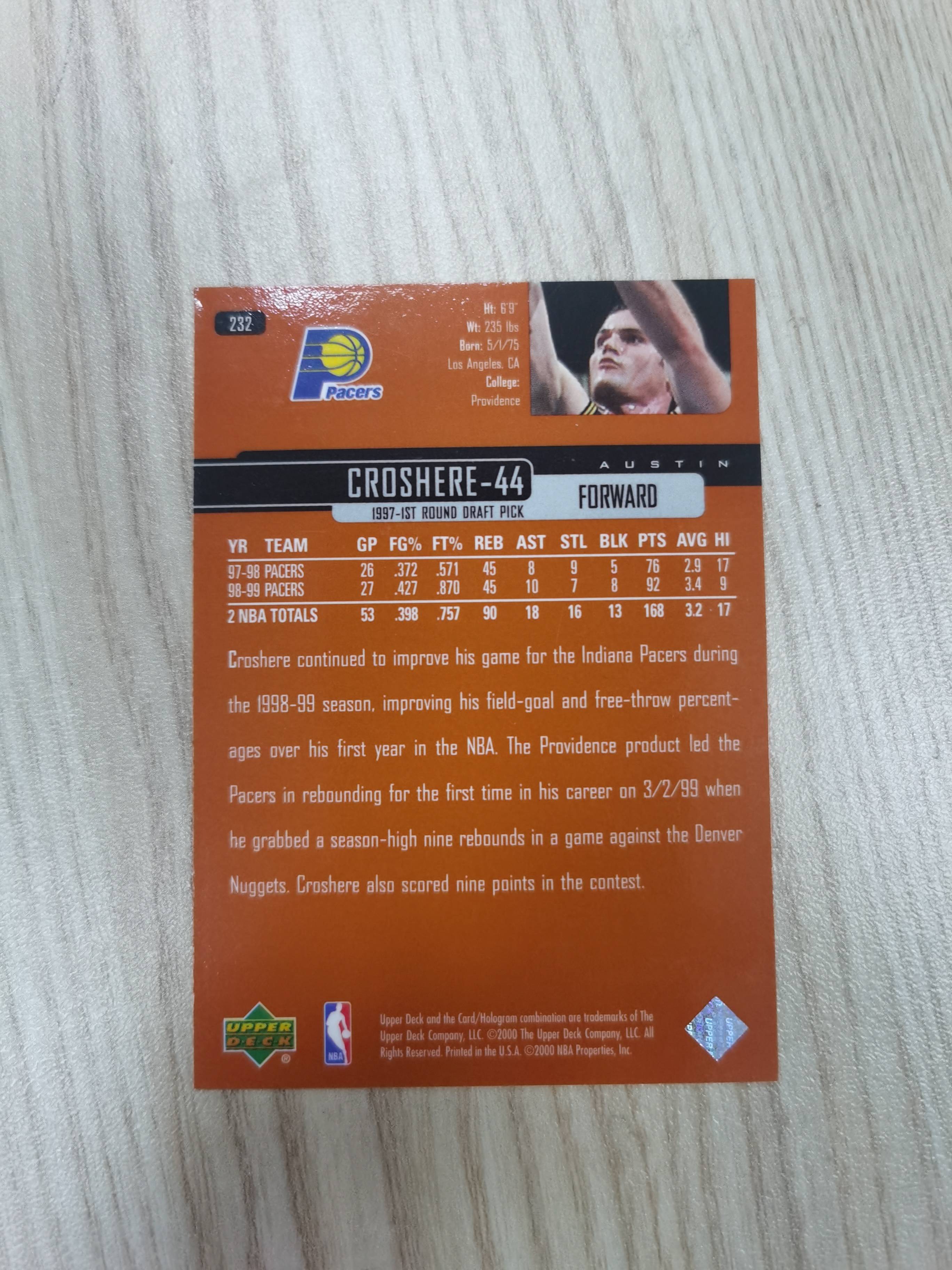 1999-00 Upper Deck Base Austin Croshere 1999-00 奥斯汀·克罗希尔 UD 银标 内外线多面手 步行者 硬通货 极具收藏价值