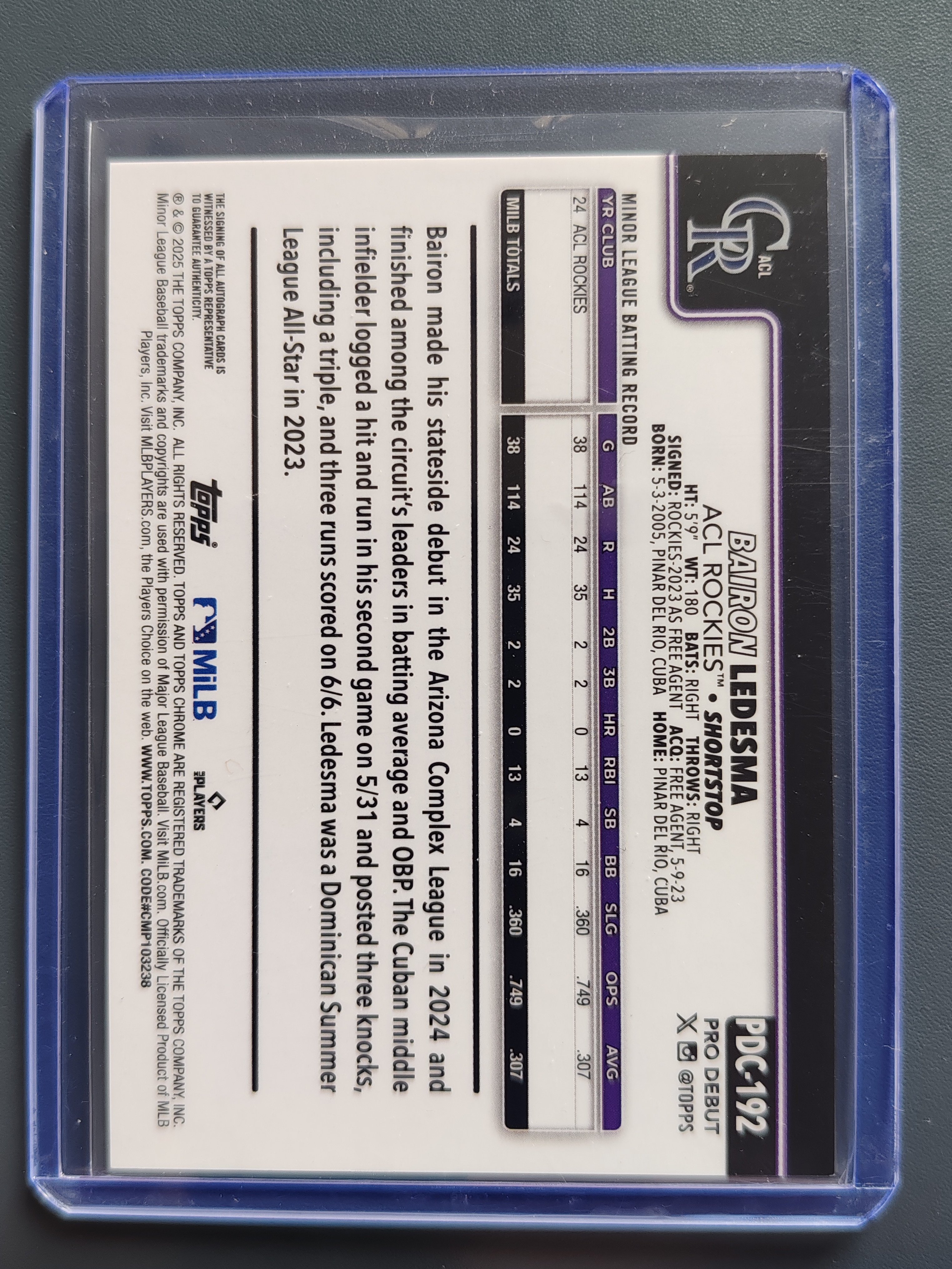 2025 Topps Pro Debut Bairon Ledesma 洛基 小联盟首秀 签字 chrome版 卡签!199编!银折!【9527】