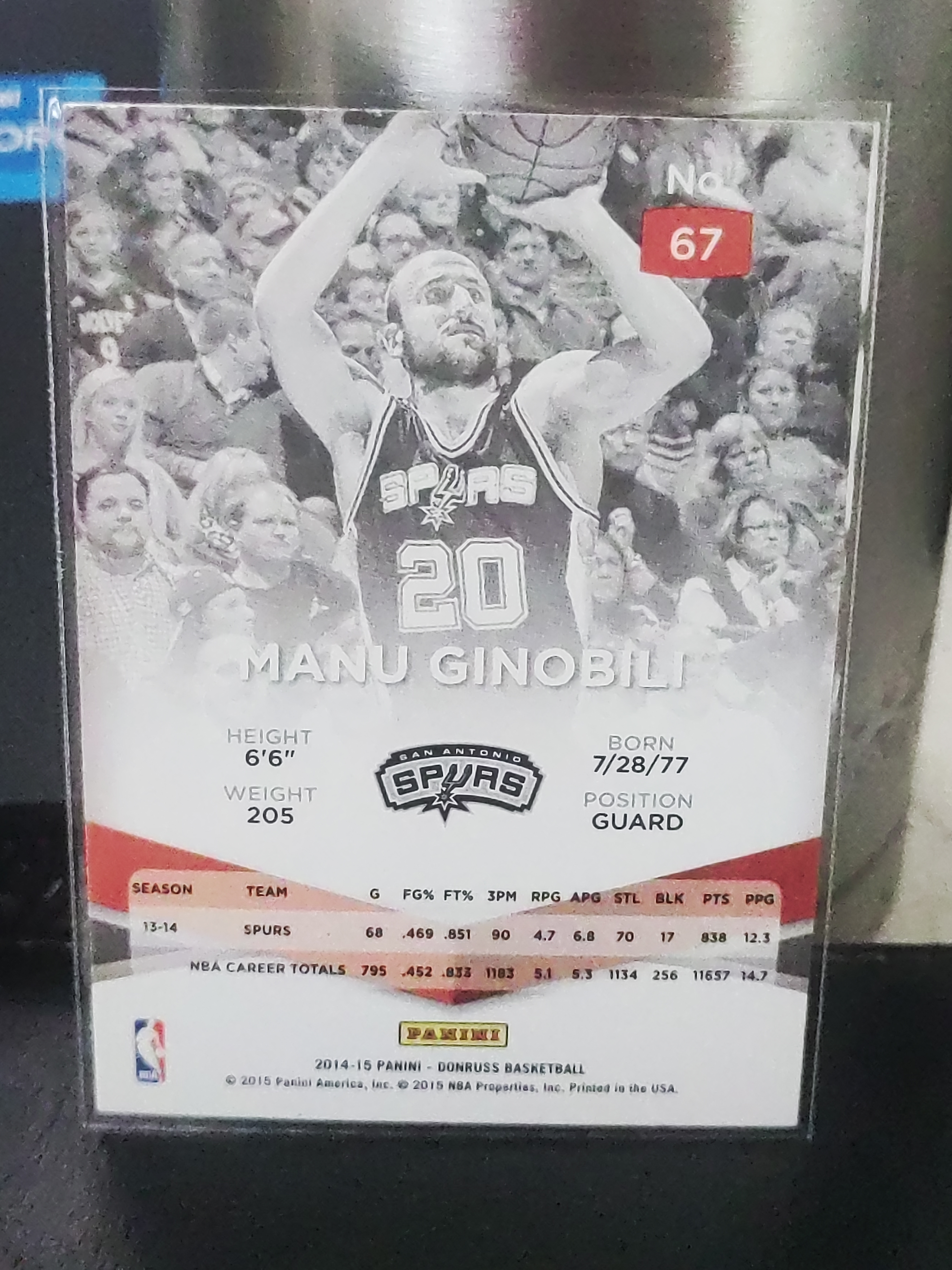 2014-15 Panini Donruss Manu Ginobili 杜蕾斯 精英插入 马努 吉诺比利 妖刀 名宿 马刺 篮 白边白角 不保卡品 卡品如图