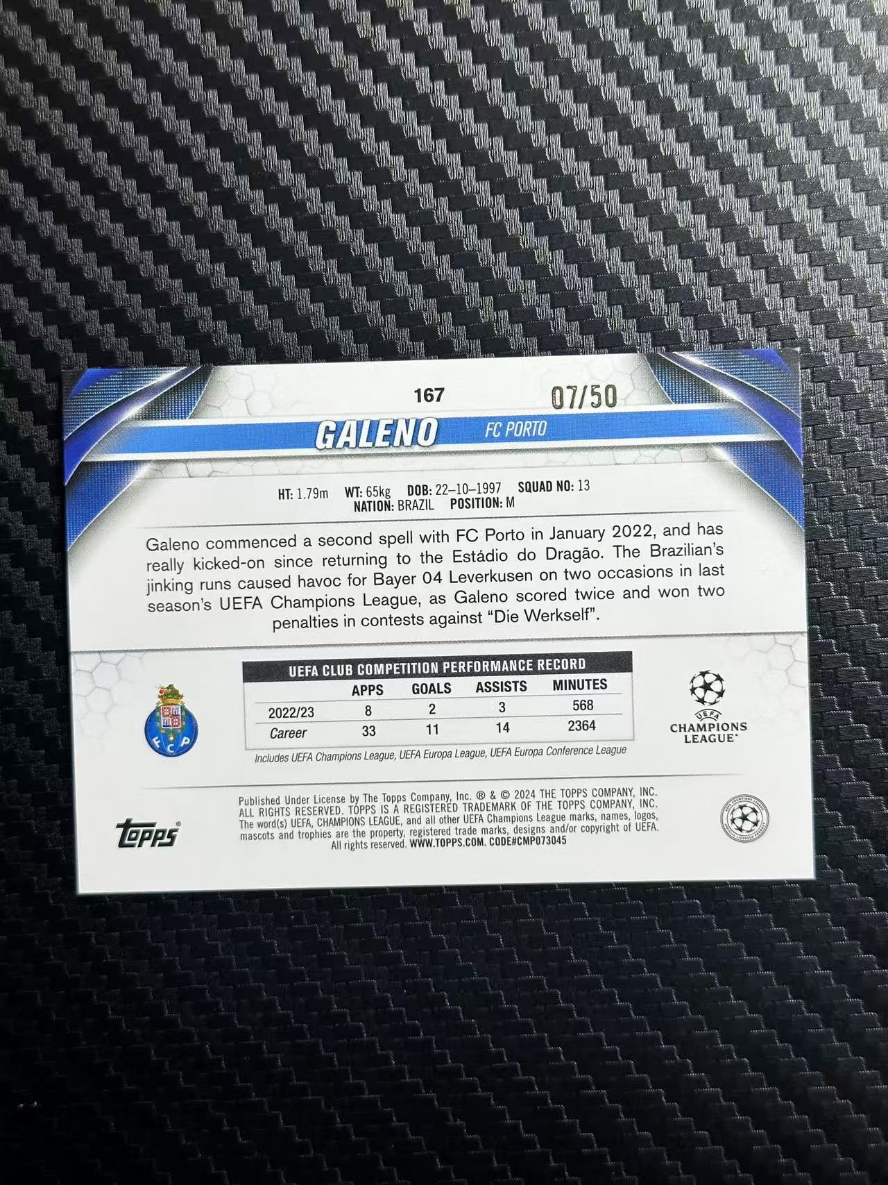 2024 Topps ucc GALENO 碧玉 加莱诺 波尔图 欧冠 07/50编 金玉折 卡品如图 拍前看描述