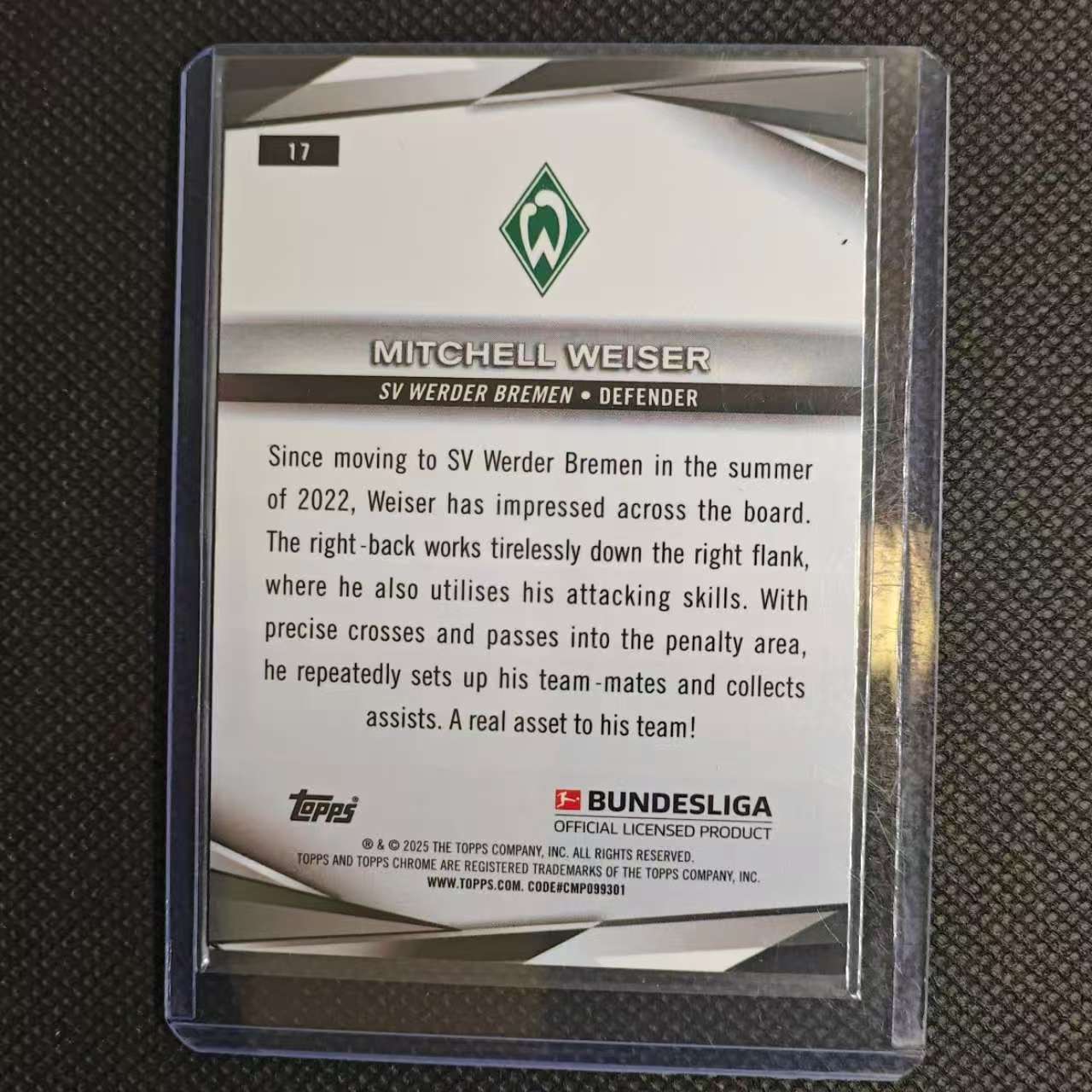 2025 Topps Chrome Mitchell Weiser 团长#德甲 蓝宝石 云达不莱梅 米切尔维泽尔 99编 绿碎冰折 折射 不保卡品细节看图