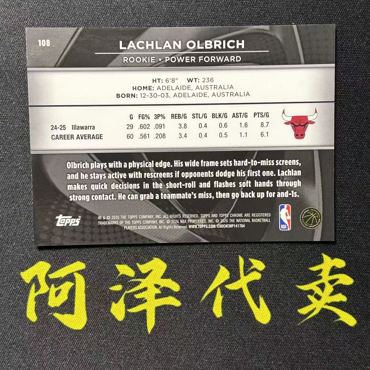 【阿泽代卖】2026 Topps Chrome Black TCB Lachlan Olbrich 公牛 新秀 RC 拉克伦 奥尔布里奇 /75编 折射 紫碎冰折 带编 选图巨帅 细节如图-李哥