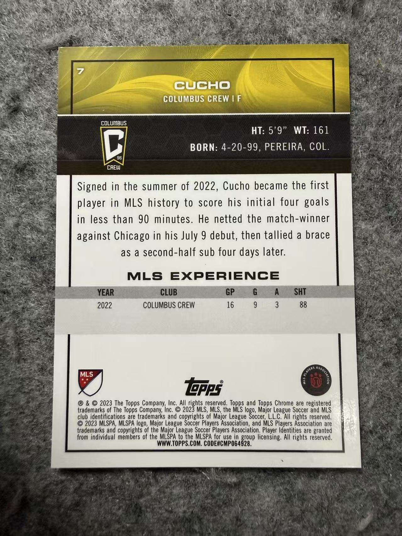 2023 Topps Chrome Cucho MLS 美职联TC 哥伦布机员 库乔 埃尔南德斯 金折 50编 沃特福德 旧将 卡品如图