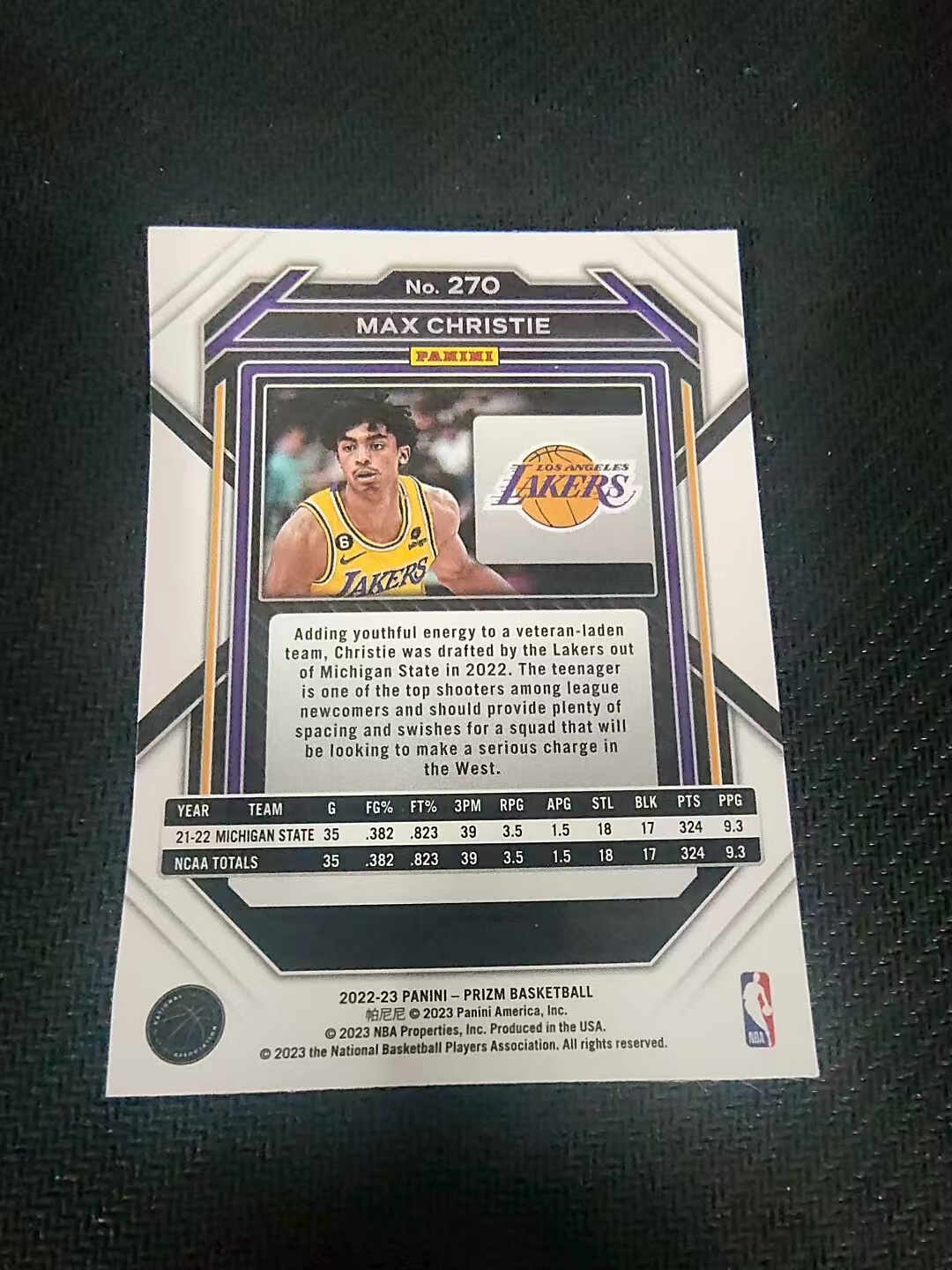 【可合并,不累计】2022-23 Panini Prizm Max Christie RC 湖人 新秀 RC 小科比 克里斯蒂 PZ 划痕 边角微瑕 介意勿拍 #270