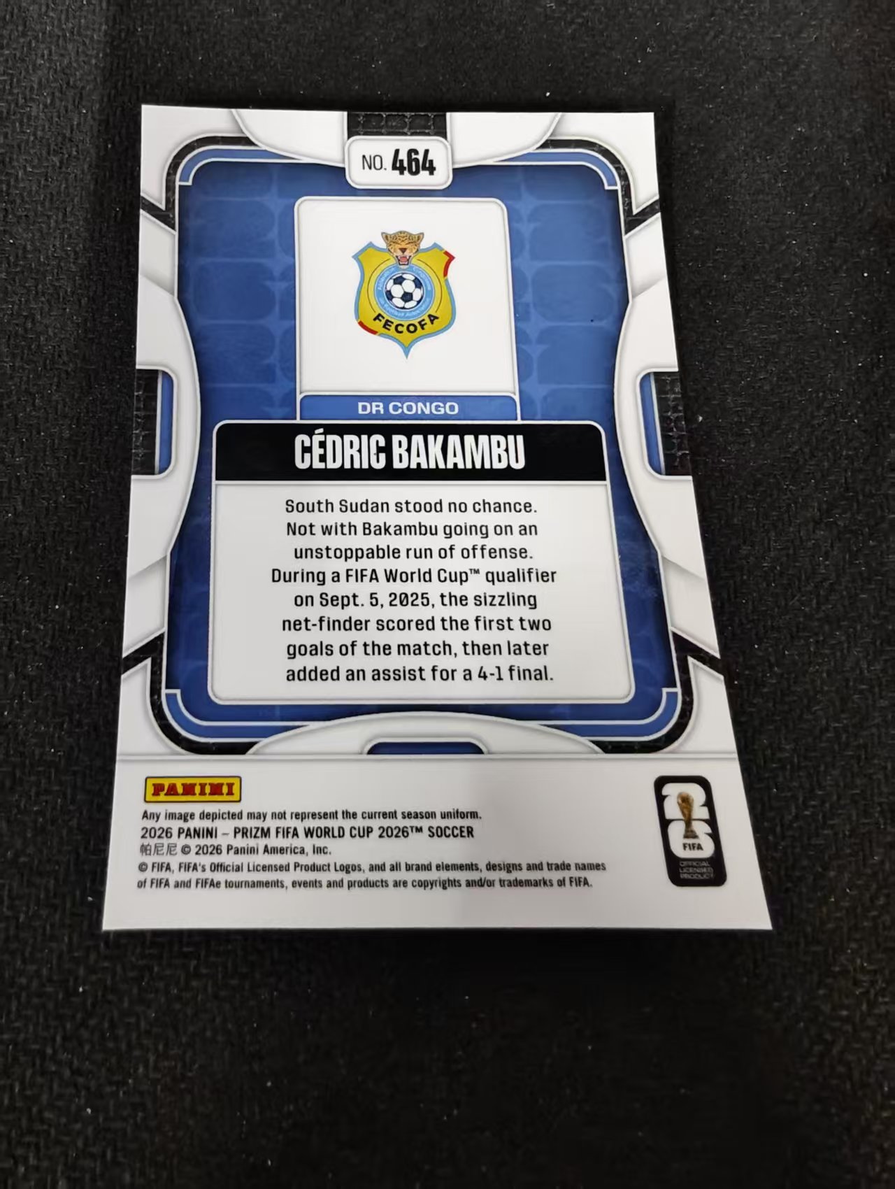 2026 Panini World Cup Prizm Cedric Bakambu 塞德里克 巴坎布 民主刚果 新秀 RC PZ世界杯 划痕 边角瑕疵#464