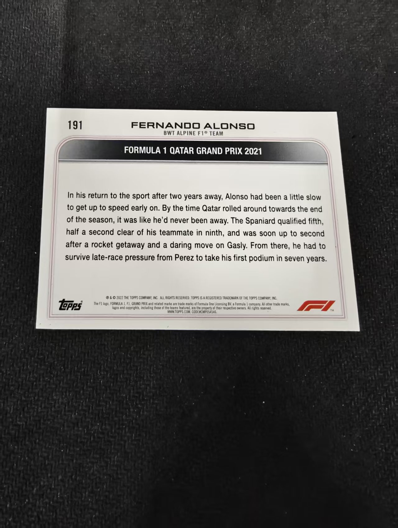 2022 Topps F1 Chrome Fernando Alonso 阿隆索 头哥 阿斯顿马丁 划痕 边角瑕疵 @191