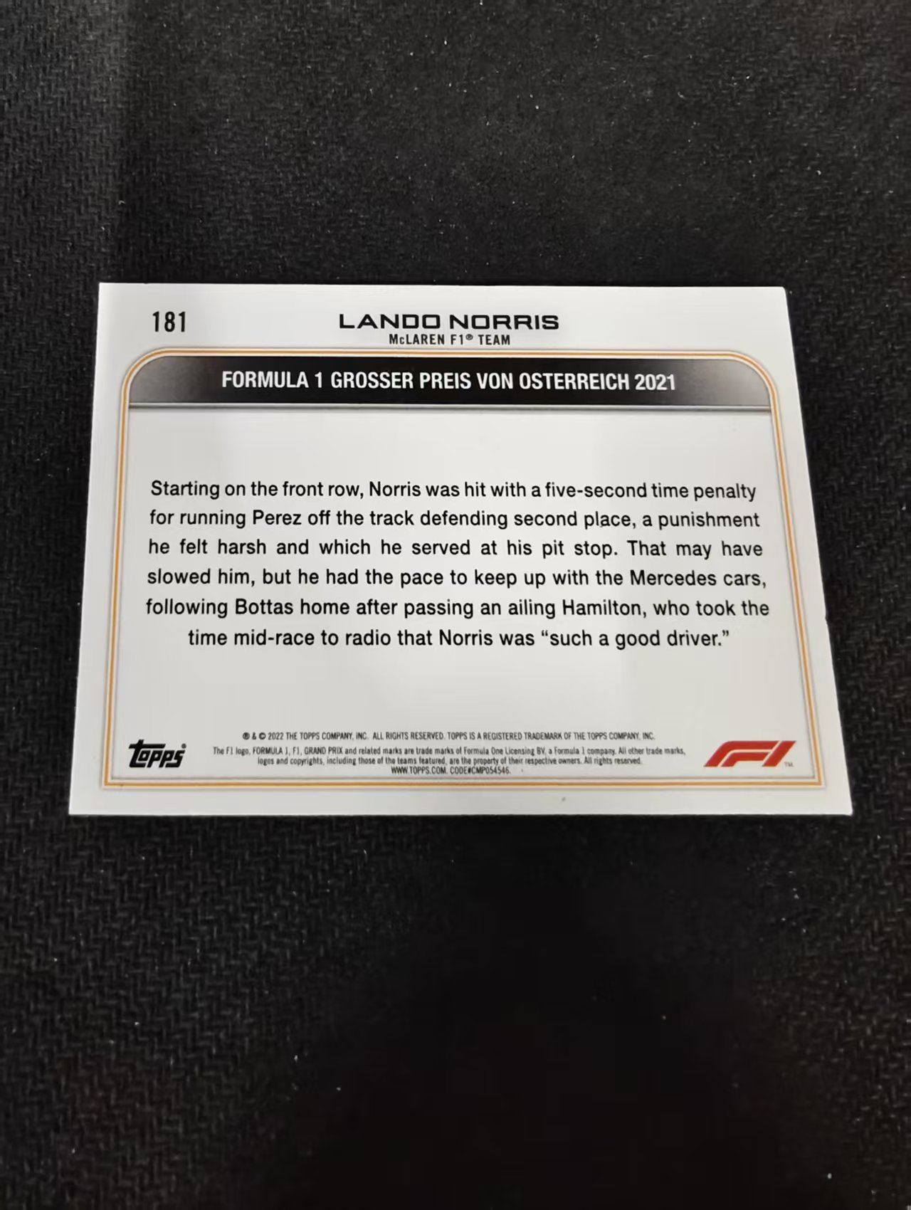 2022 Topps Chrome F1 Lando Norris 兰多 诺里斯 迈凯伦车队 划痕 边角瑕疵 @181