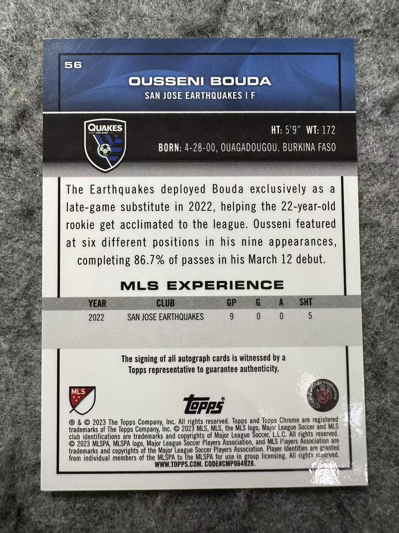 2023 Topps Topps Ousseni Bouda RC 美国大联盟 圣何塞地震 RC 新秀 红折 签字 3/5编 低编 乌塞尼 布达 Ousseni Bouda 卡品如图