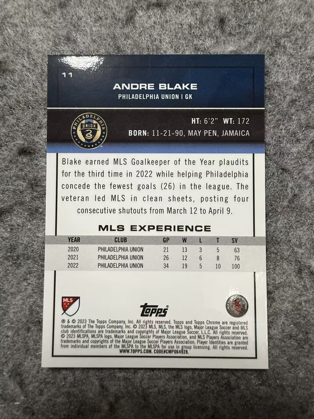 2023 Topps Chrome Andre Blake 安德烈布莱克 199编带编限量 Base 折射 MLS 美职联 费城联合