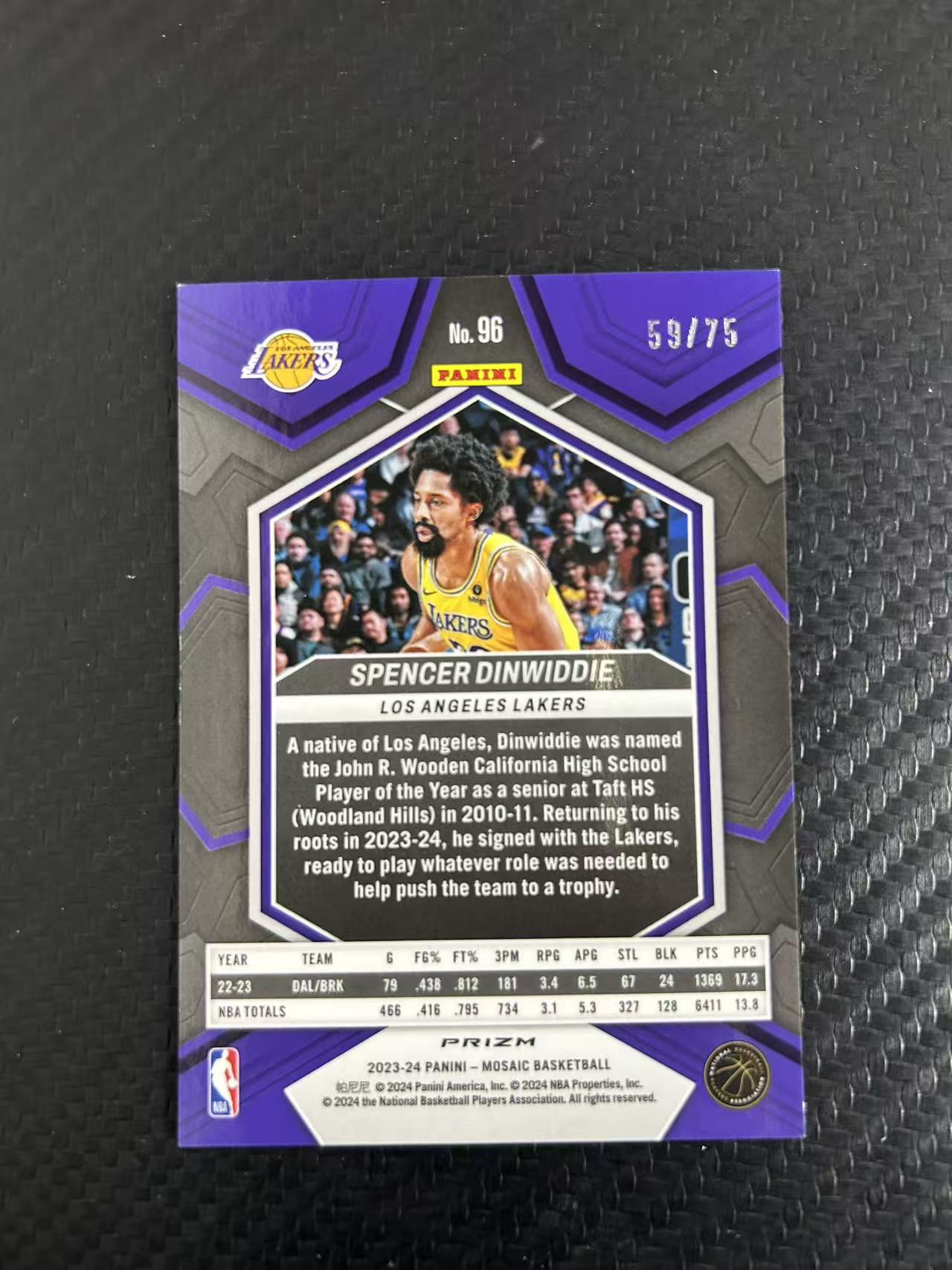 2023-24 Panini Mosaic Spencer Dinwiddie #96【灯灯拍卡】 马赛克 湖人 斯宾瑟 丁维迪 折射 红折 59/75编 收藏必备【雪茄】