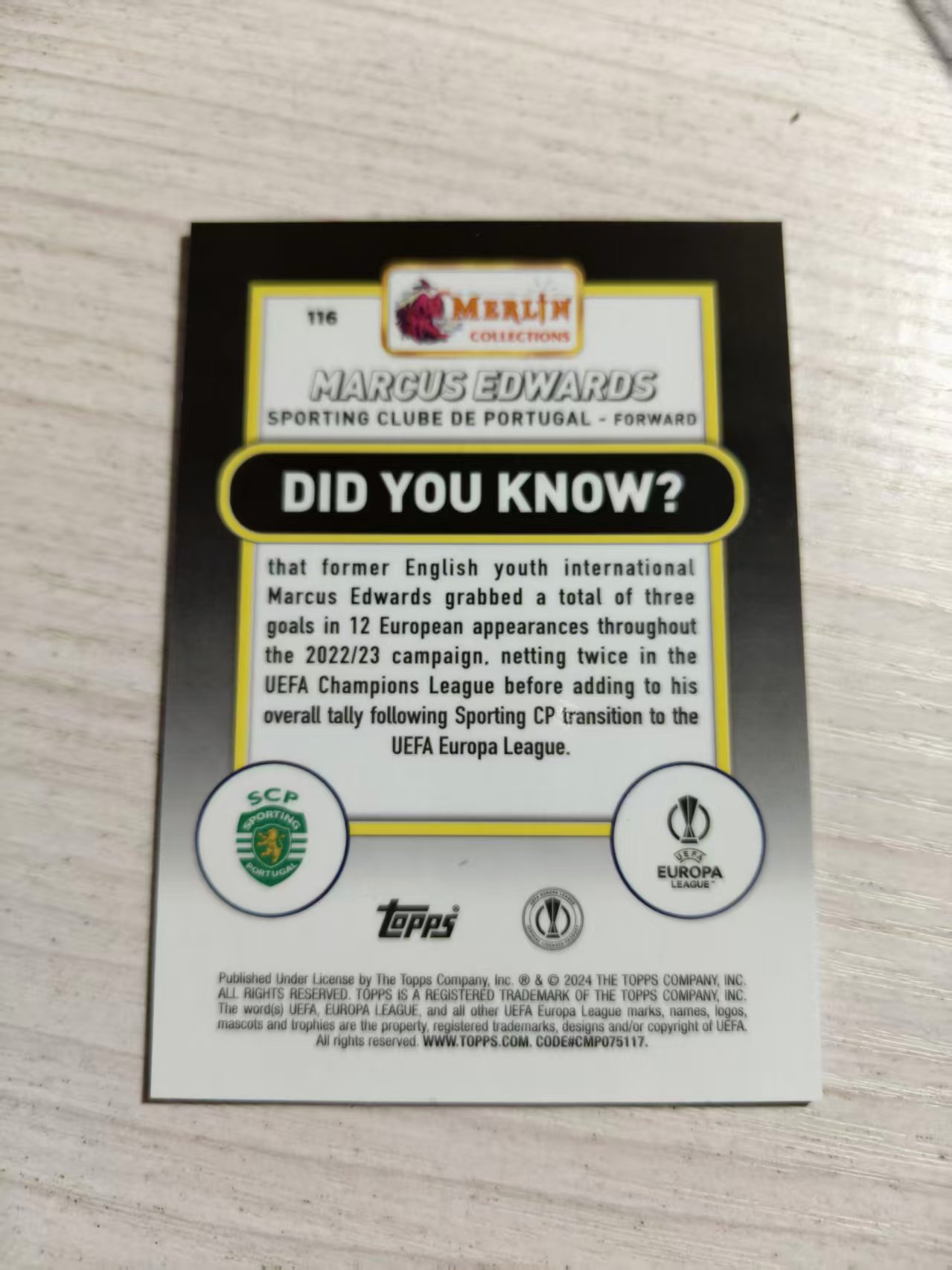 2024 Topps Merlin Marcus Edwards 【西北拍卖】topps欧冠梅林系列 马库斯 爱德华兹 09/10编黑折 低编 葡萄牙体育 伯恩利 英超悍将 行