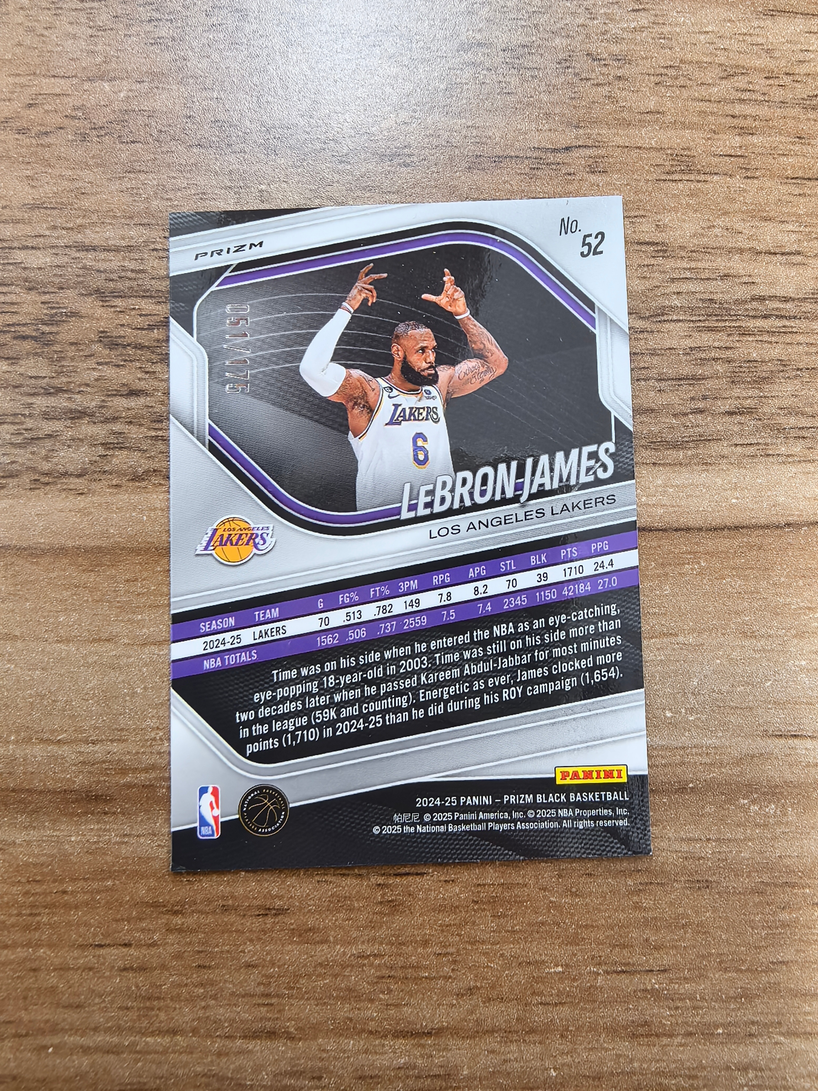 2024-25 Panini Prizm Black LeBron James 湖人 勒布朗詹姆斯 051/175编 白折 折射 微瑕 实卡精美 卡品如图 收藏必入 流浪