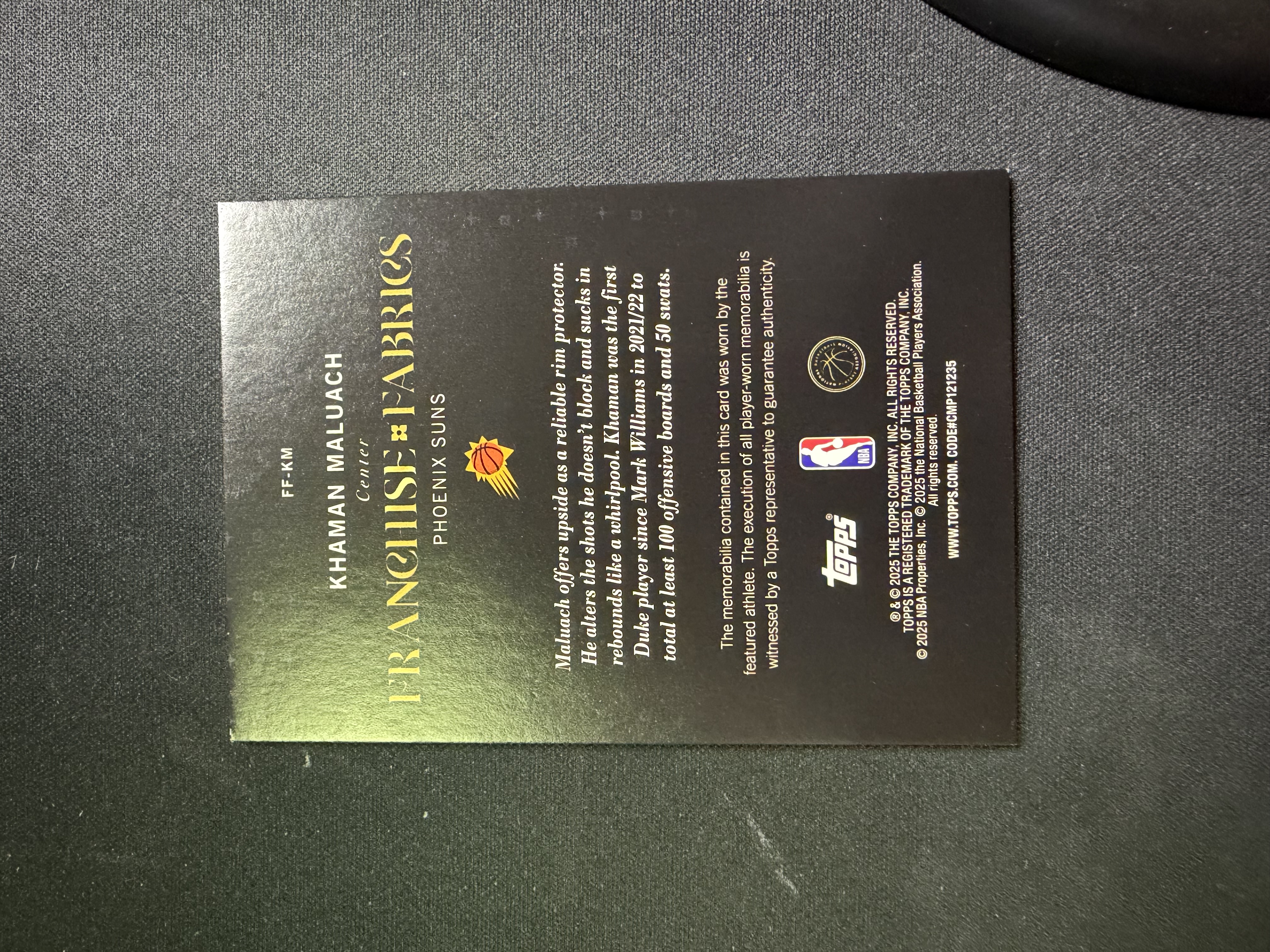 2025-26 Topps Holiday Mega Khaman Maluach RC 卡曼 马卢阿奇 太阳 新秀 物料 亲穿球衣 PPP