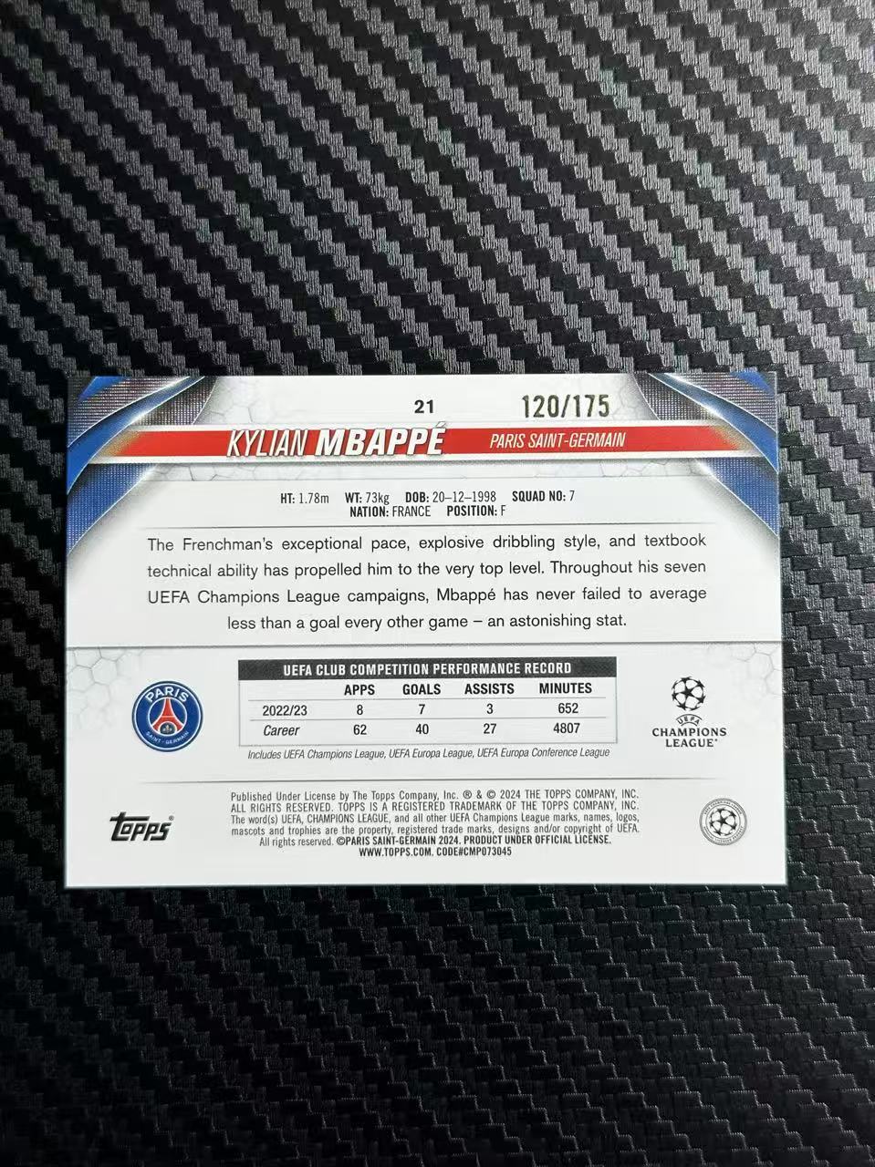 2024 Topps UCC Kylian Mbappe 基利安 姆巴佩 总监 法国 皇马 摩纳哥 巴黎圣日耳曼 欧冠 碧玉 120/175编 蓝玉折 卡品如图 拍前看描述