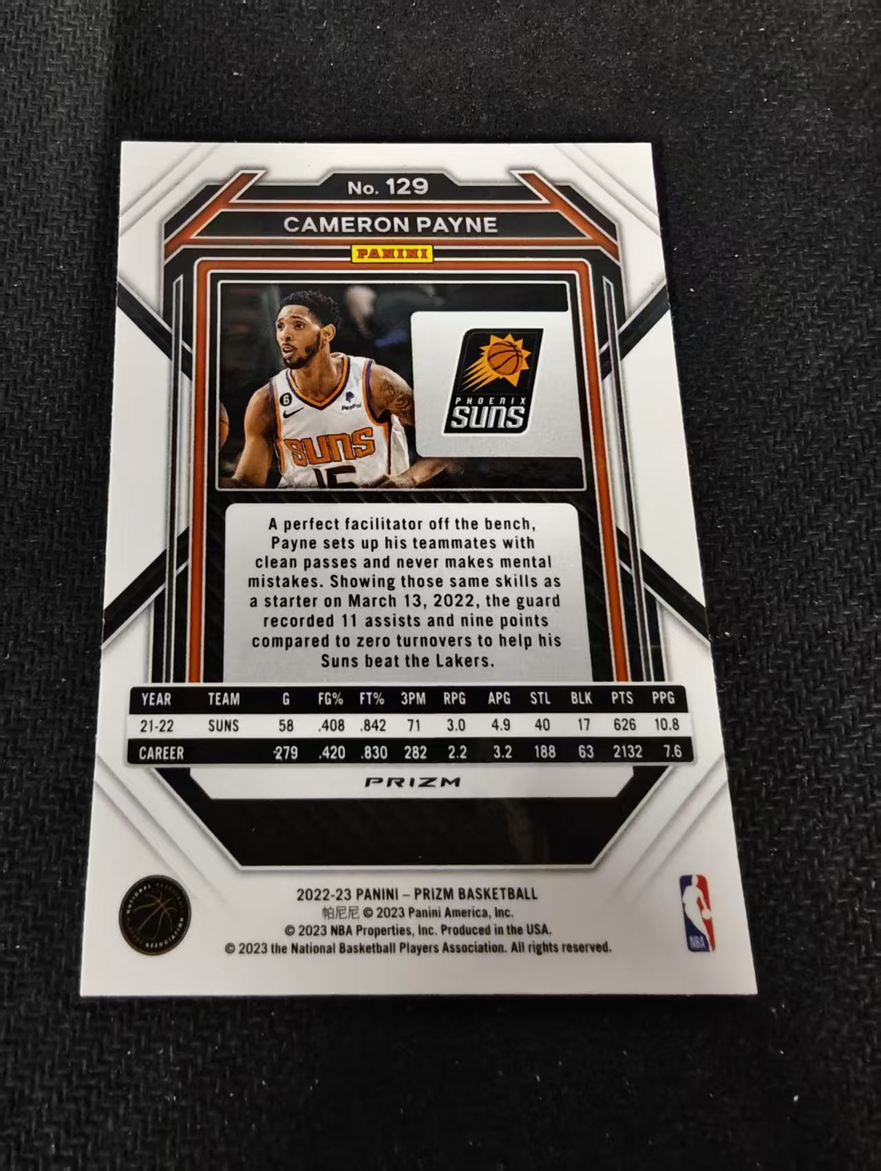 2022-23 Panini Prizm Cameron Payne 卡梅伦 佩恩 太阳 粉碎冰 PZ 划痕 边角瑕疵 #129