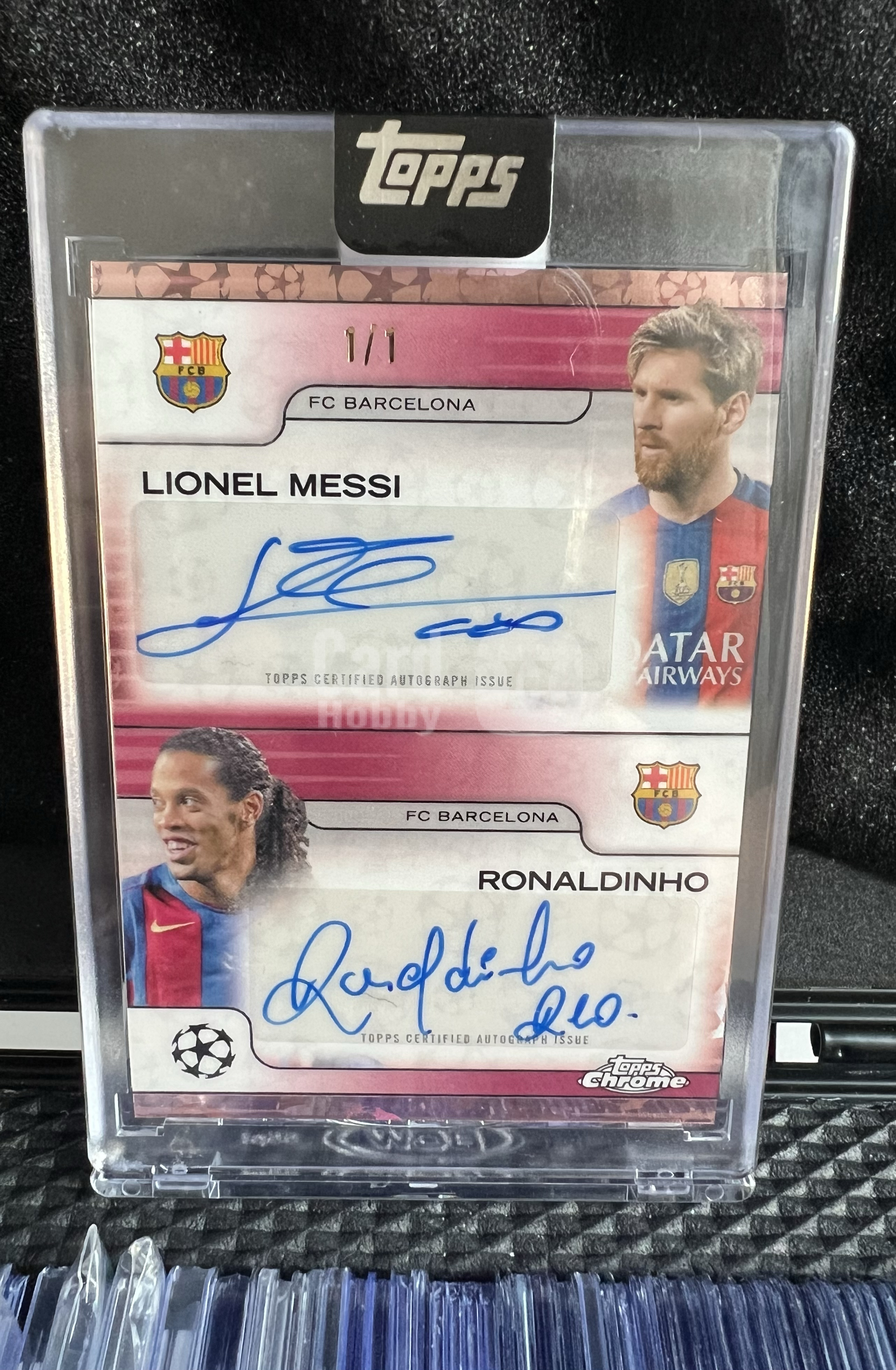 2025 Topps Chrome Lionel Messi 欧冠 巴塞罗那 巴萨 球王 梅西 小罗 罗纳尔迪尼奥 签字 双签 1/1 玫瑰金 爆金 10号传承 原封砖 阿根廷 巴西