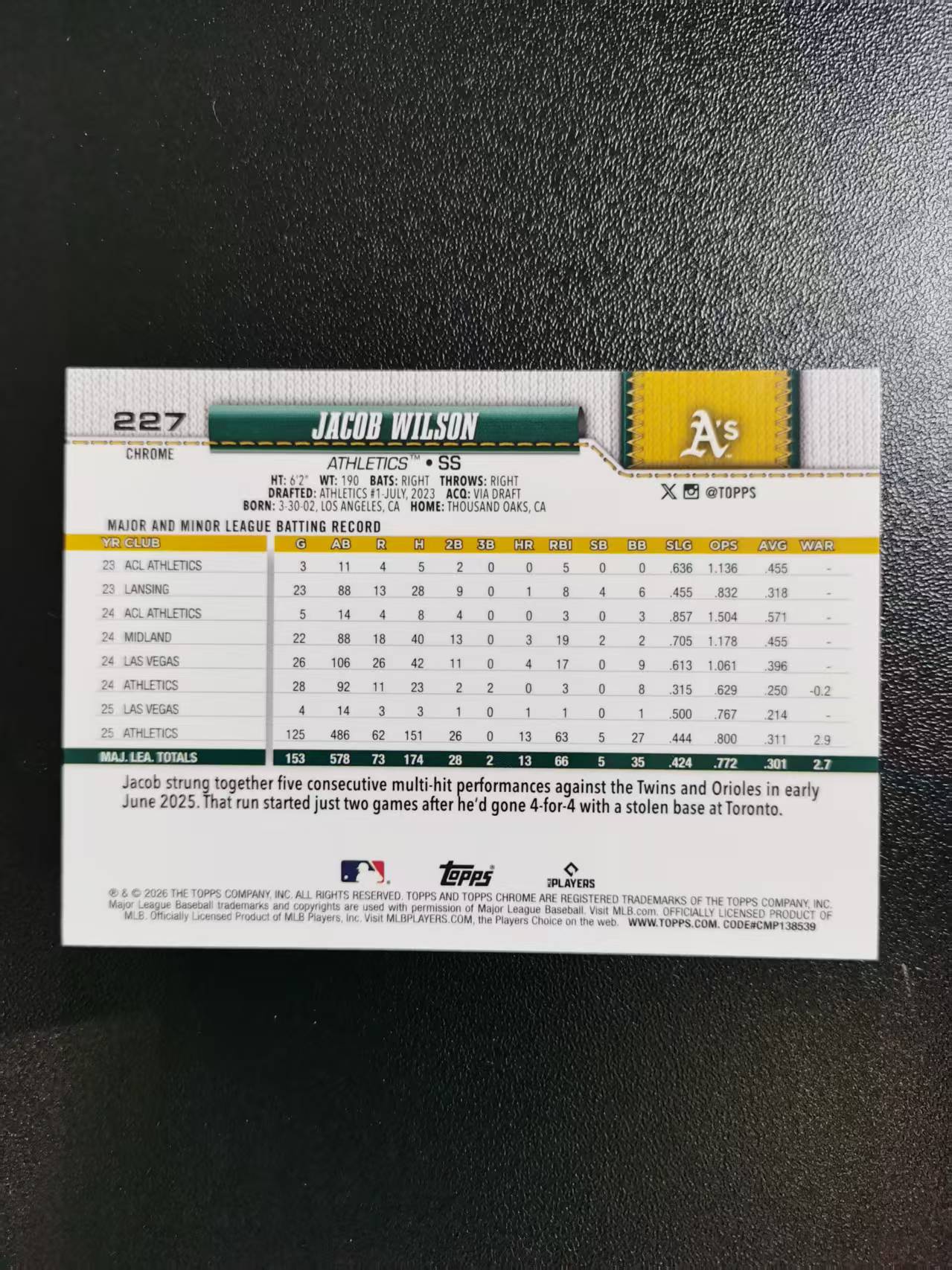 2026 Topps Chrome Jacob Wilson 雅各布威尔逊 TC棒球 MLB 折射 收藏凑套 卡品如图 免费代拍CC23