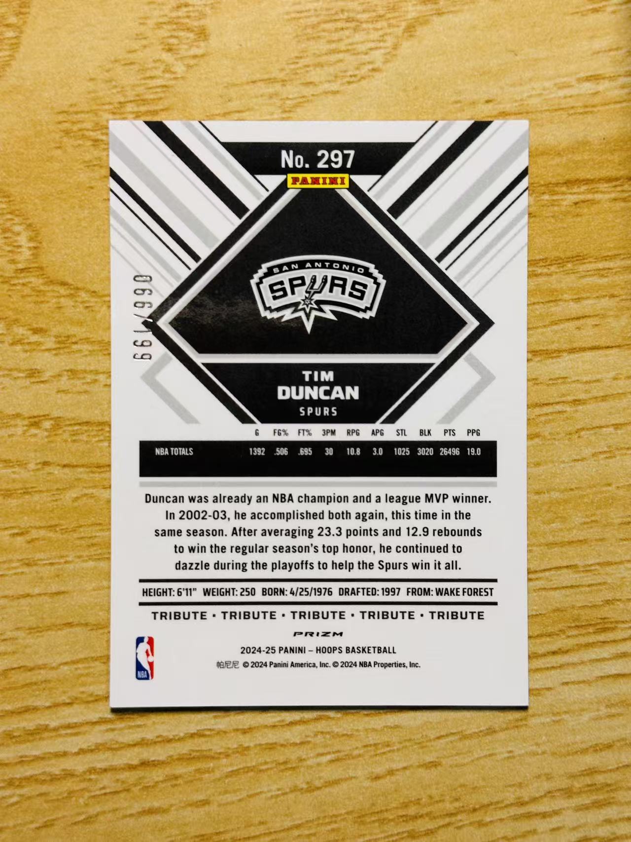 2024-25 Panini NBA Hoops Tim Duncan 嘿嘿代卖 蒂姆 邓肯 橙折 199编 名宿 历史第一大前锋 石佛 马刺 收藏必备